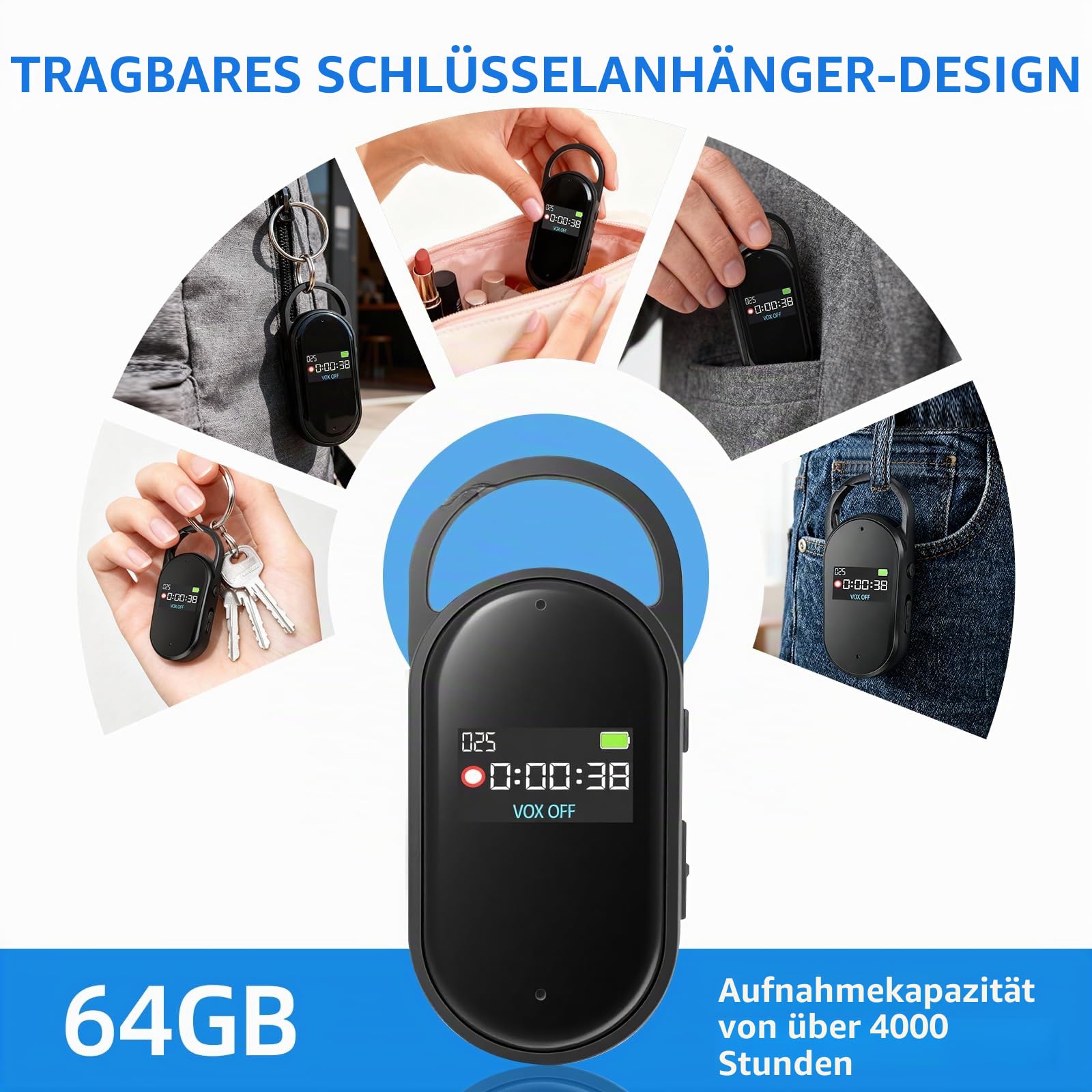 64 GB Digitales Diktiergerät - tragbarer Mini-Digitaler Audio-Aufnehmer mit Spracherkennung und MP3, Schlüsselanhänger-Design, AGC-Rauschunterdrückung, für Unterrichte, Meetings (Black)