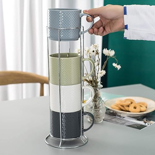 Miniatura 3 de Tazas de café apilables con soporte, tazas de cerámica en relieve de 15 onzas, juego de 4 tazas para café, café con leche, té, bonitas tazas de