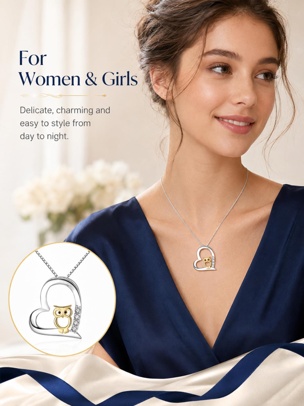 REDSUN 925 Sterling Silber Herz Eule Kette Damen 18K Vergoldet Two Tone Eulen Gold/Roségold/Schwarz Anhänger Schmuck Set für Freundin Frau Mutter Mädchen Tochter Geburtstag