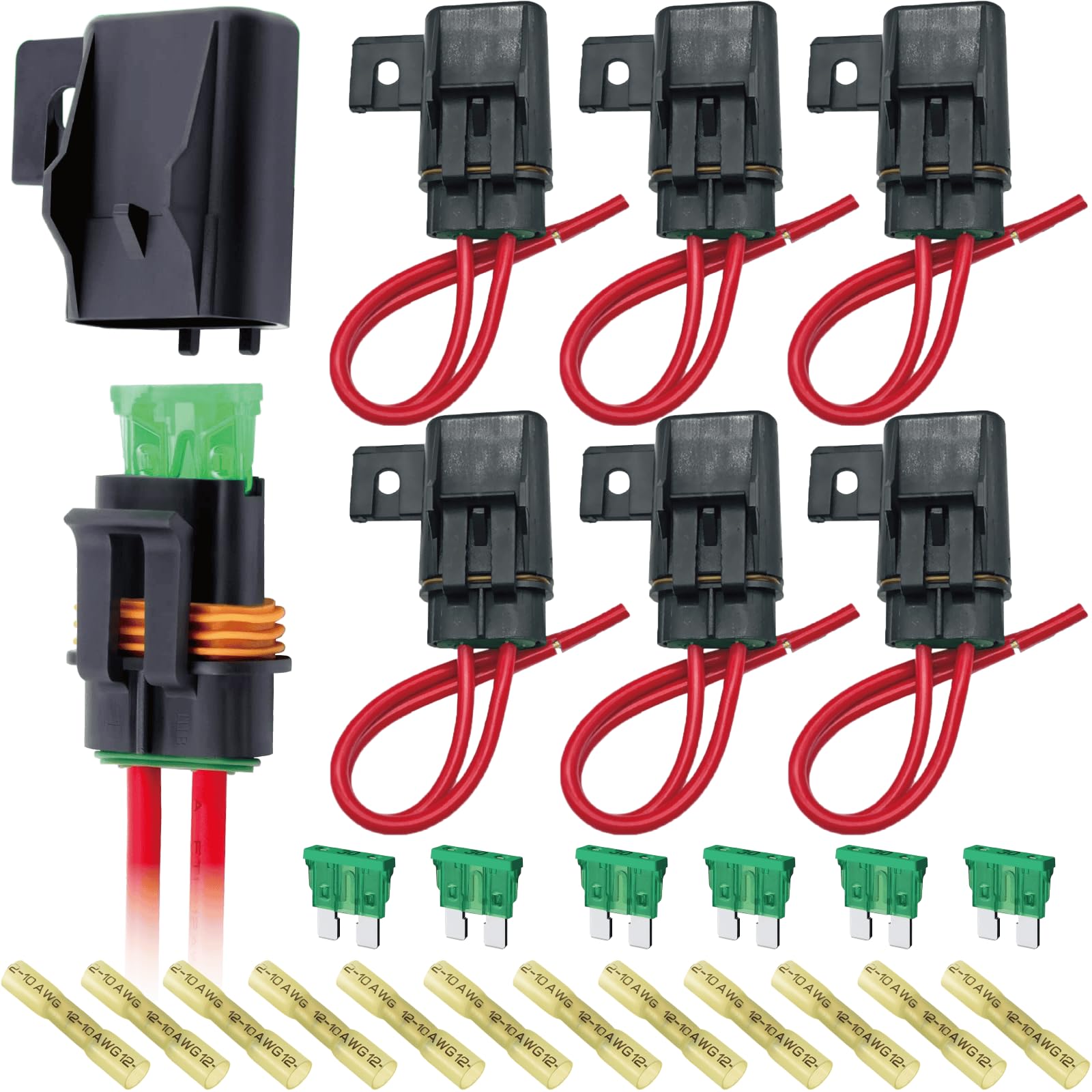 VANSIHO 12AWG Heavy Duty Waterproof Inline ATO/ATC Blade Fuse Holder with Cover for Automotive/Marine/Vehicle with 6pcs 30A Blade Fuse and 12