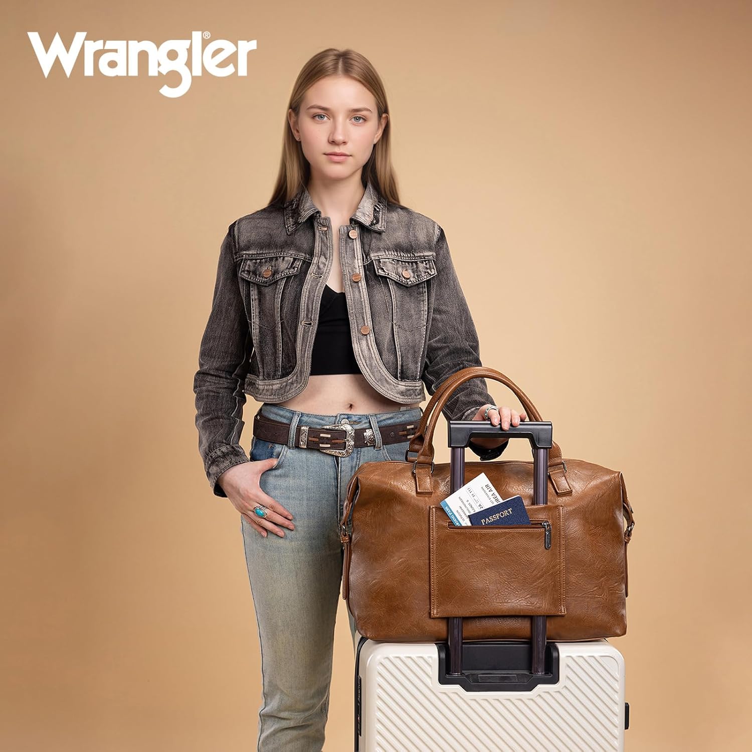 Wrangler Duffel Bag Large Travel Weekender Bag for Women Waterproof Carry on Overnight Bag for Gym,Trips,Weekends,Brown