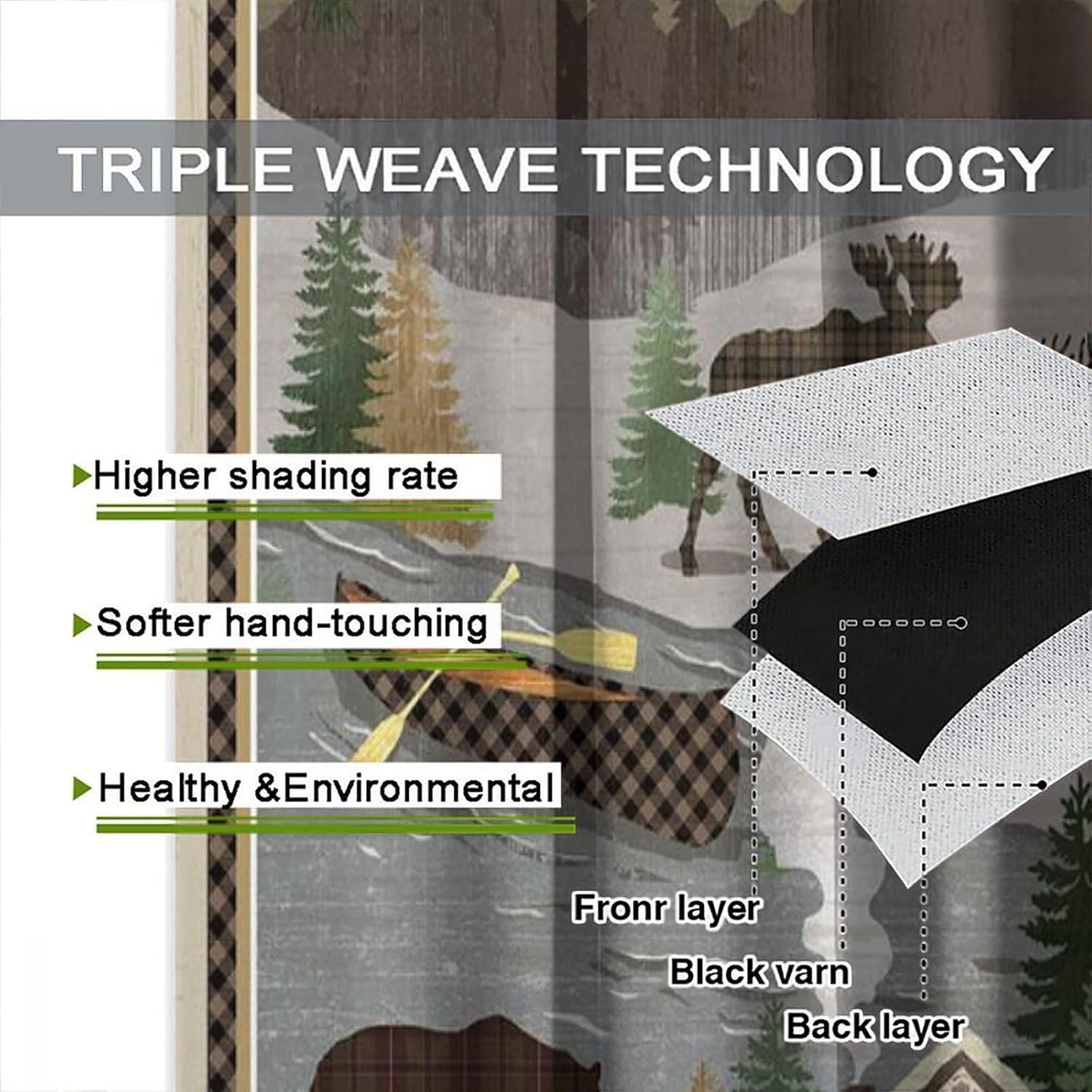 Rustic Cabin Curtain, Forest Bear Deer Wildlife Country Bath Curtains, Hunting Camping for Home Kitchen Livingroom Coffee Room Window Curtain 2Panel 72" W X 63" L