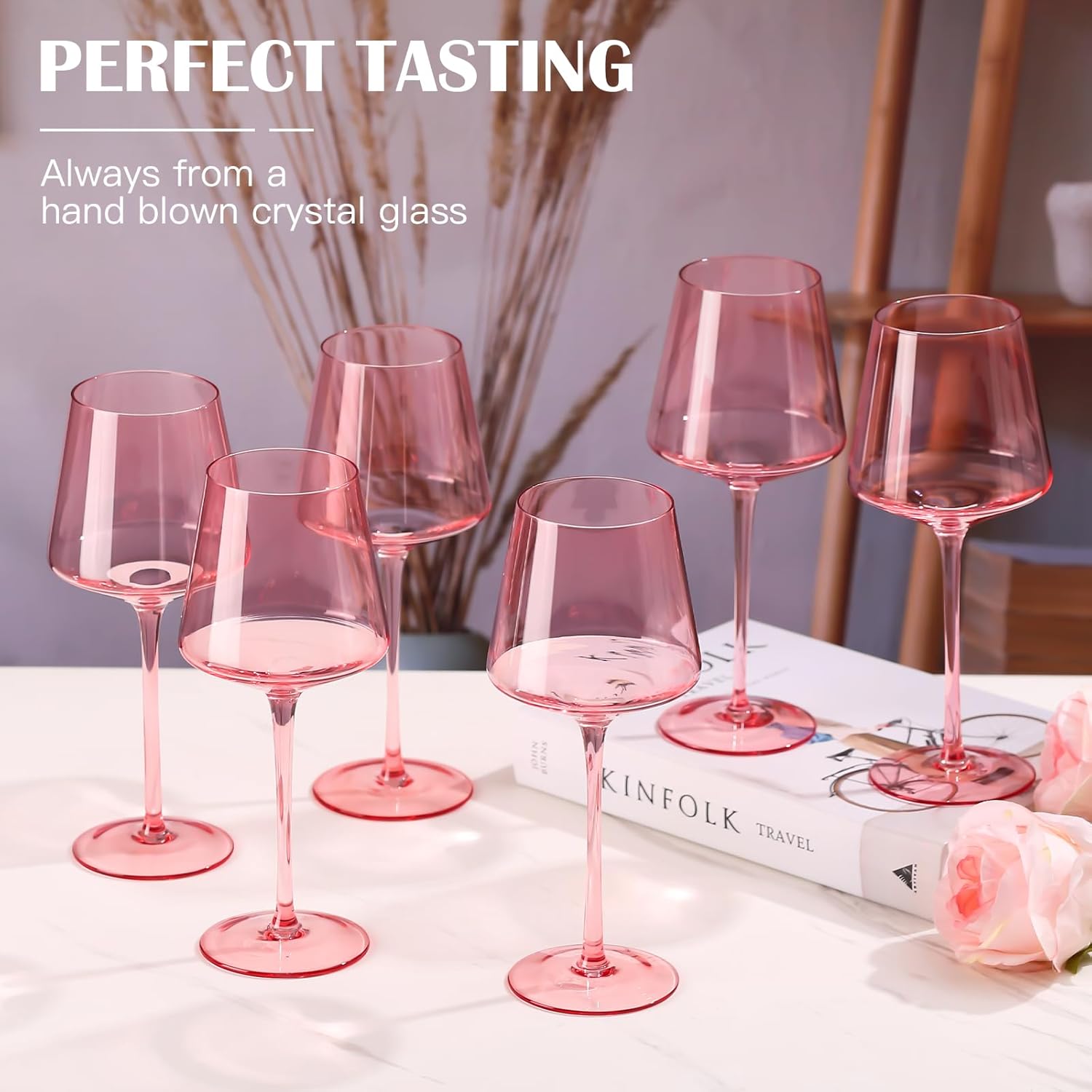 Physkoa Pink Wine Glasses Set of 6-16oz Hand-Blown Pink Wine Glass with Long Stem, Unique Red&White Wine Glasses For Party Home Bar New Year Gifts - Image 3