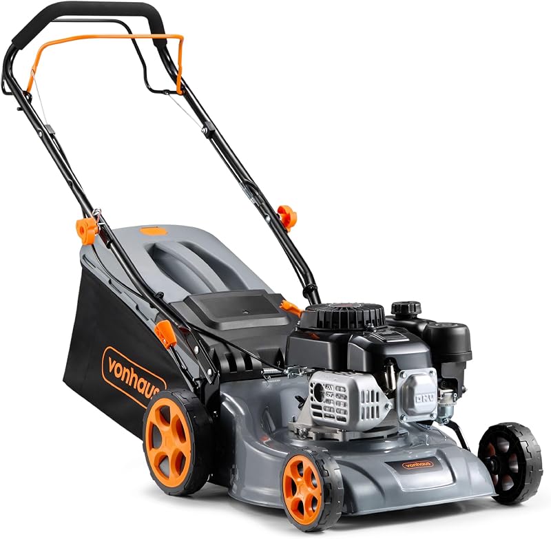 VonHaus Petrol Lawnmower 132cc – Self Propelled Lawn Mower for All Types of Grass/Gardens – 40L Collection Bag, 40cm Working Width, 7 Height Settings
