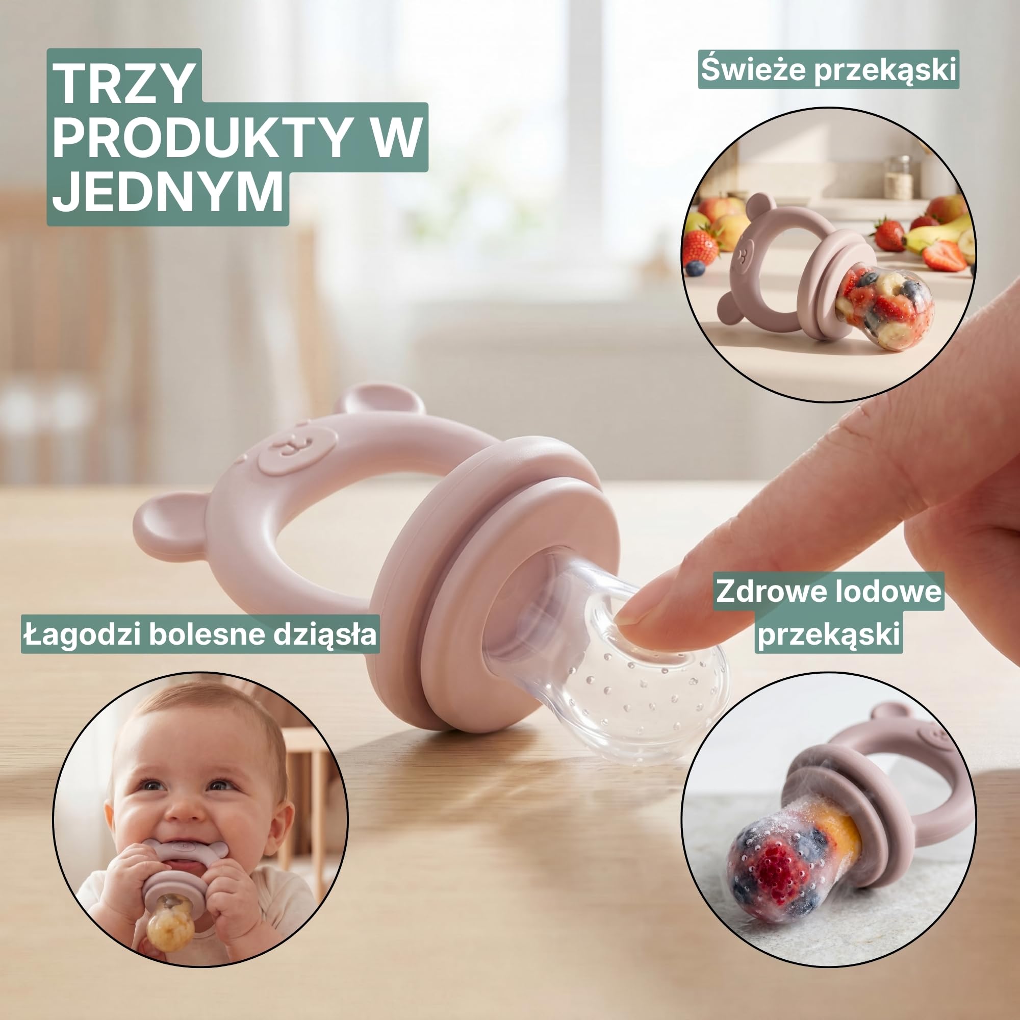 Smoczek Owocowy Dla Niemowląt 3 szt Silikon z Formą do Lodu Różowy | Gryzak do owoców z 3 nakładkami i formą do lodu. Kolor różowy. Od 6 miesięcy. Do zmywarki.