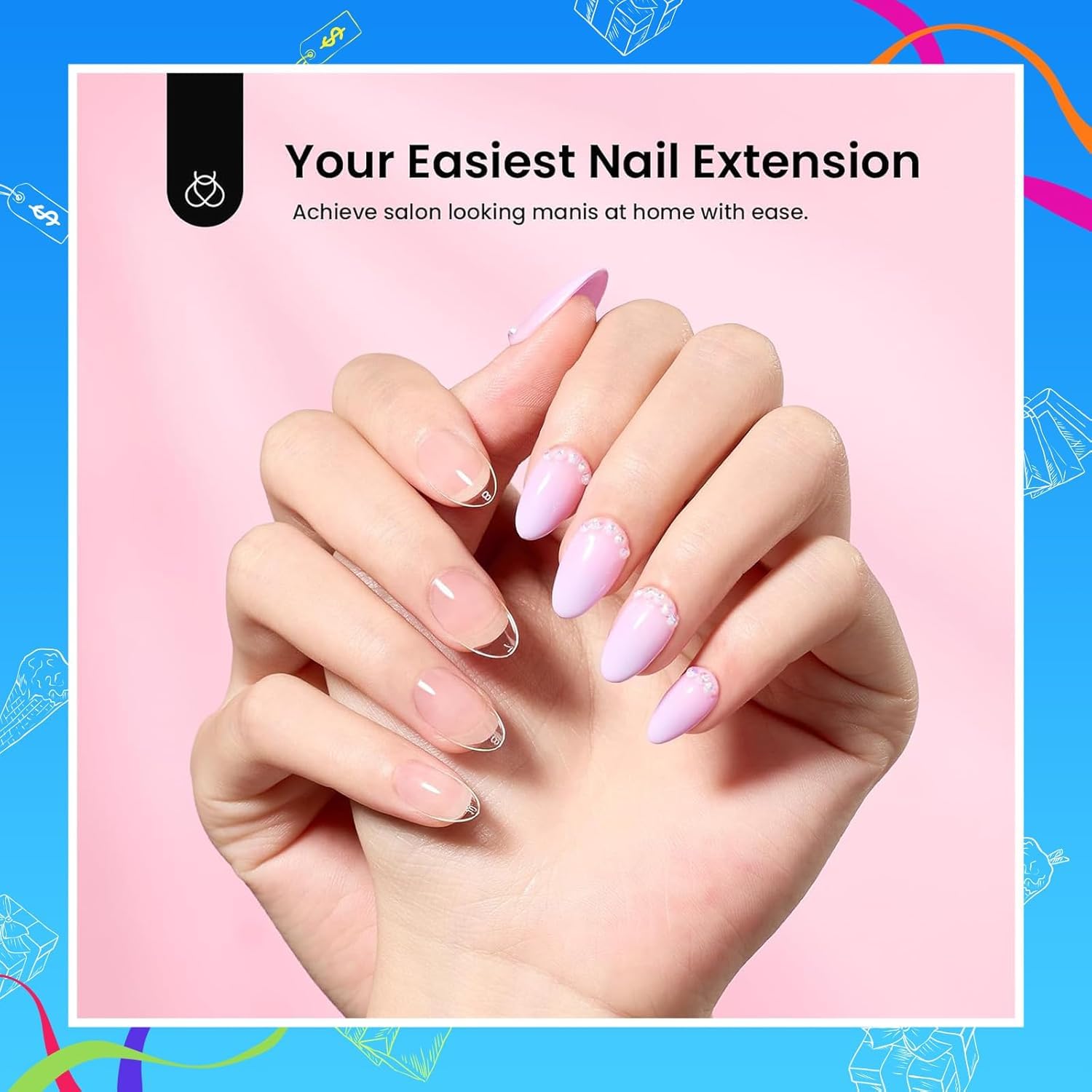 Beetles Gel Nail Kit Short Almond Gift Spree, with Dehydrator and Primer, 576Pcs Half Matte Etch-X Gel Nail Tips Solid Nail Glue Mini Lamp Acrylic Tips Easy DIY Extension Set Gift for Women
