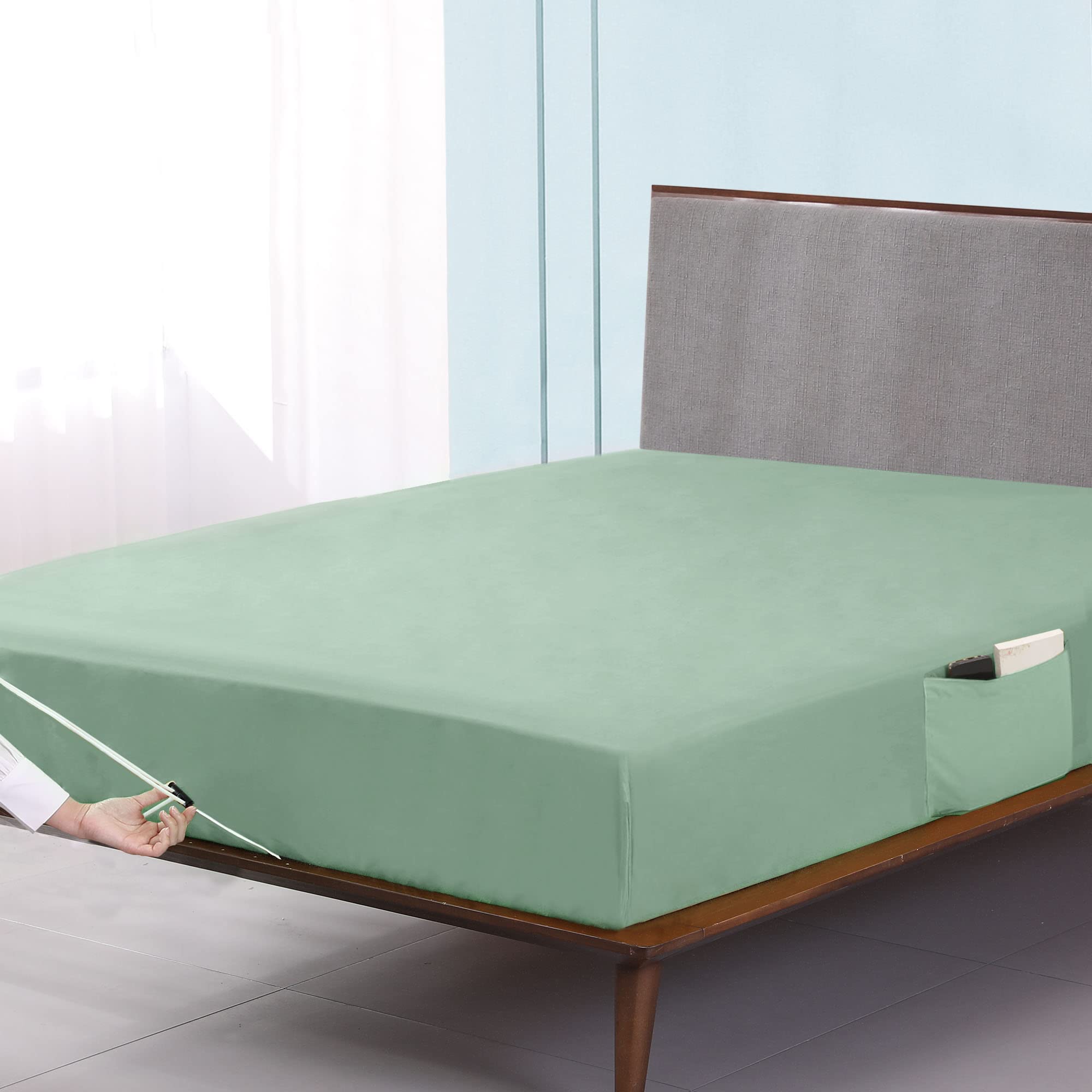 Joyching King Fitted Sheet, 2 Side Storage Pockets, 16 inch Extra Deep Pocket, Soft Breathable 1800TCS Bedding, Sage Green