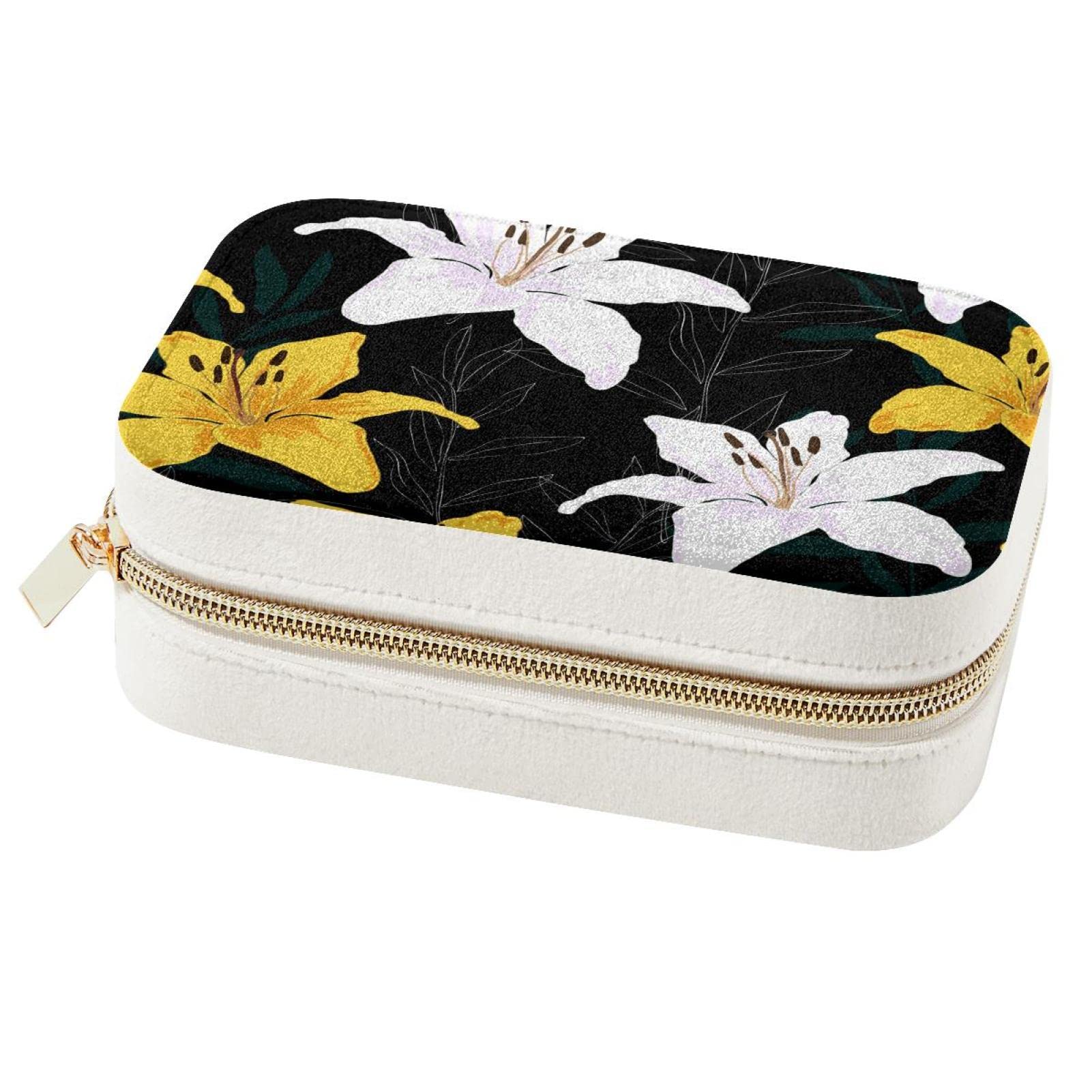 Boîte à bijoux portable lys jaunes et blancs pour voyage et rangement bagues