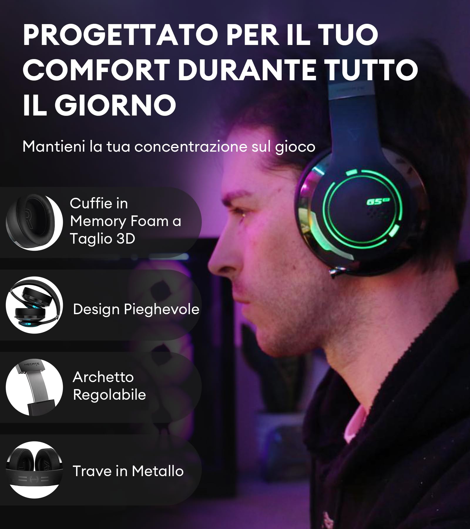 Edifier HECATE G5BT Cuffie Gaming Over Ear con Mic, Cancellazione del Rumore, RGB Luce, H+ Effetti Sonori, Hi-Res Audio, Bluetooth e Cavo Audio 3,5mm per PC PS4 PS5 Cellulari Switch (Nero)