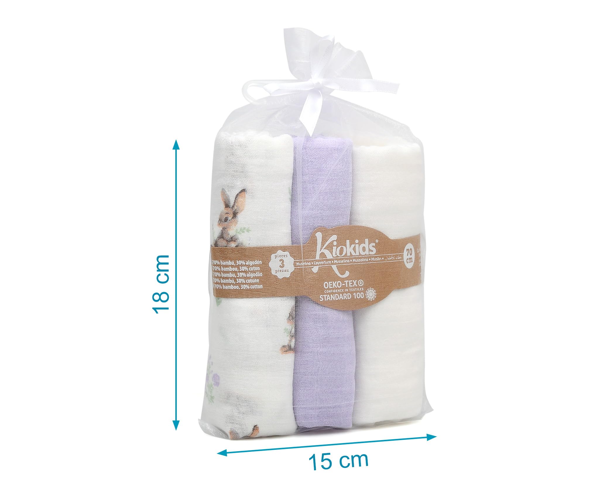 Kiokids | Set 3 Muselinas Conejitos, Lavanda y Blanco | Colección Petit Moments | 70% Bambú y 30% Algodón | Ultra Suaves | Antibacterianas y Termo Climáticas | Protector Rayos UV | +0 Meses | 70x70cm