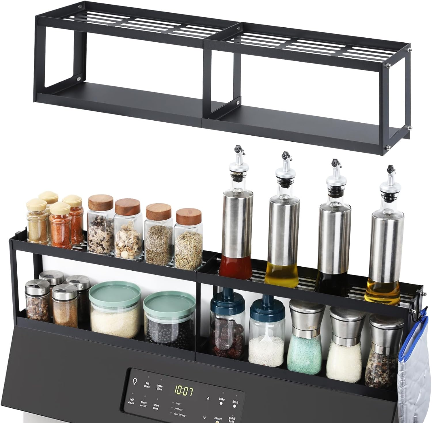 OTraki 2 Tier Strong Magnetic Oven Shelf 30 Inch Length Spice Rack Over The Stove Shelf with 2 Anti-Slip Mats Seasoning & 4 Hooks Kitchen Spice Storage Organizer Black