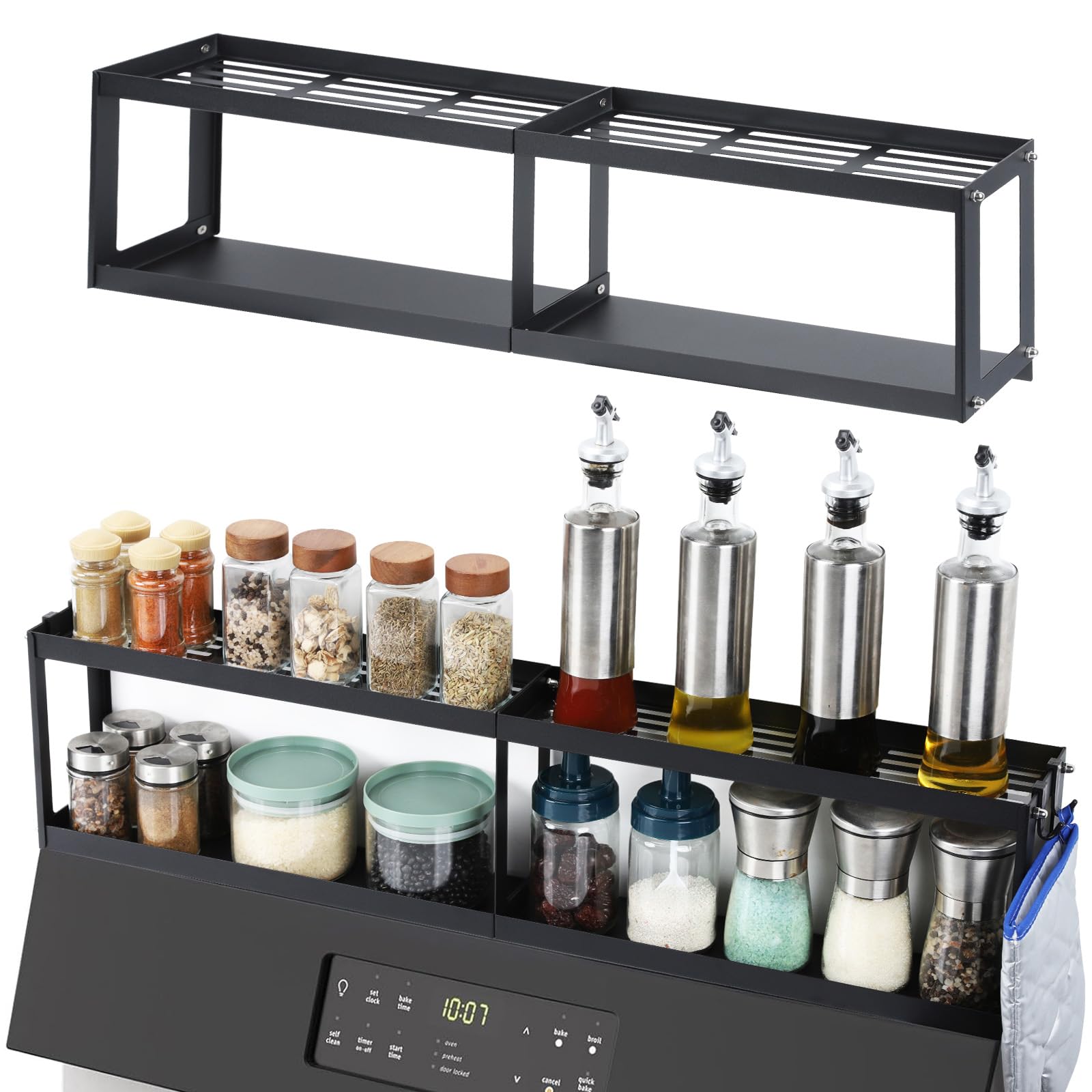 OTraki Étagère à épices magnétique à 2 niveaux pour cuisinière avec 2 tapis antidérapants - Organiseur d'assaisonnement au-dessus de la cuisinière avec 4 crochets - Étagère magnétique pour