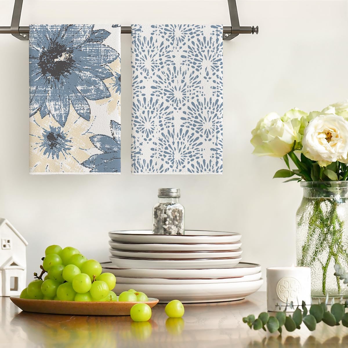 Artoid Mode Blue Floral Leaves Boho Kitchen Towels Dish Towels, 18x26 Inch Seasonal Decoration Hand Towels Set of 4 - Image 2