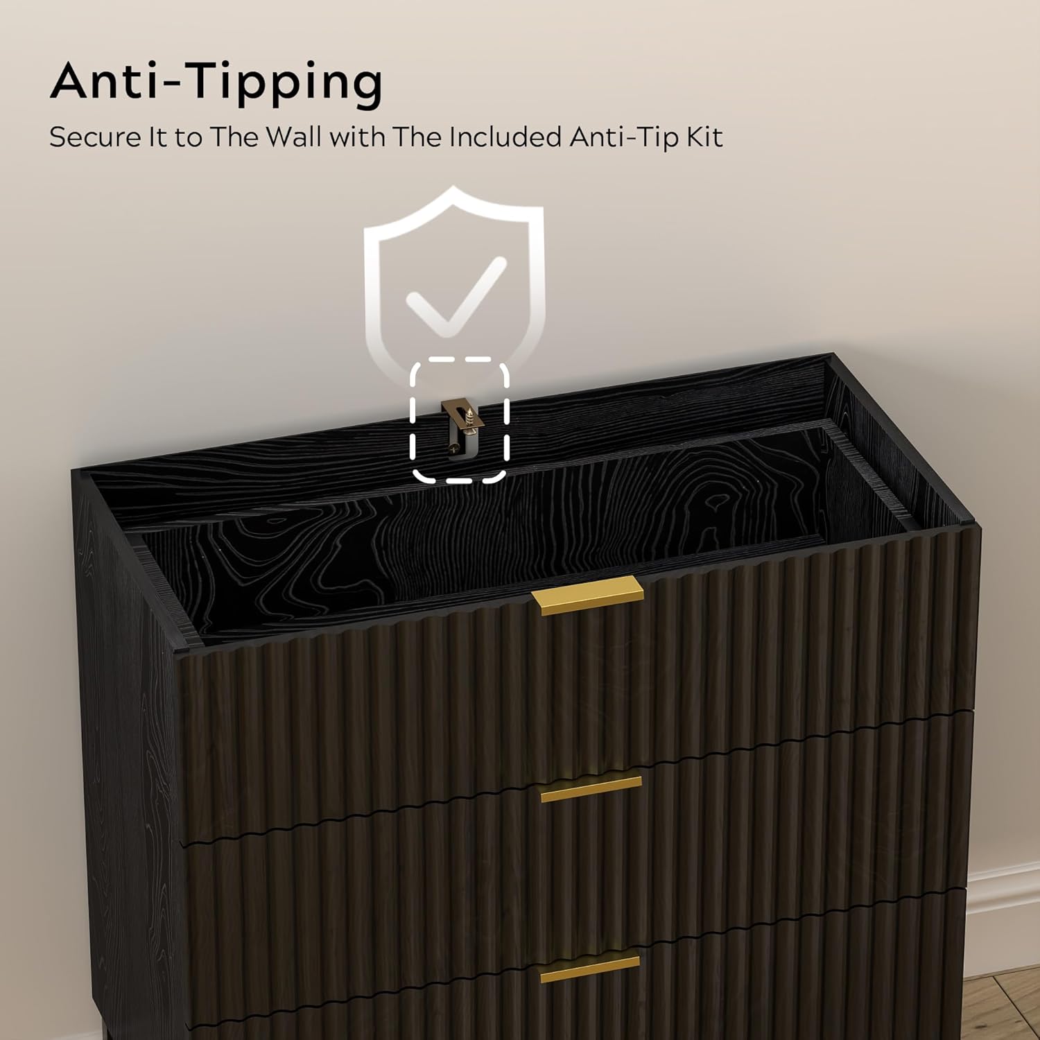 Fluted 3 Drawer Dresser, Wood Chest of Drawers with Storage Modern Wide Nightstand Bedside with Metal Legs and Handle for Bedroom Living Room Hallway, Black
