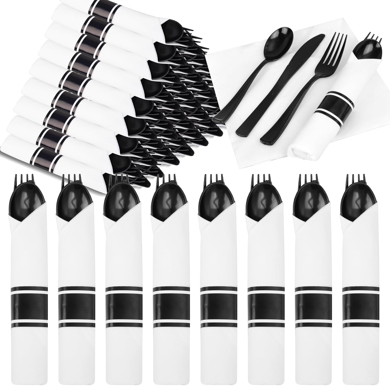 EI 120Pack Black Pre Rolled Silverware Set Disposable and Napkins Service for 120 Guests,360pcs Black Plastic Knifes,Forks and Spoons Disposable Heavy Duty and 120pcs Napkins for Festival Party Dinner