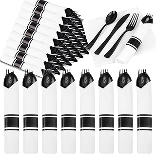 EI 120Pack Black Pre Rolled Silverware Set Disposable and Napkins Service for 120 Guests,360pcs Black Plastic Knifes,Forks and Spoons Disposable Heavy Duty and 120pcs Napkins for Festival Party Dinner