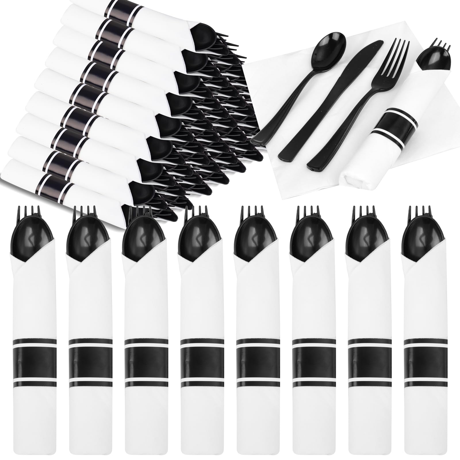 EI 120Pack Black Pre Rolled Silverware Set Disposable and Napkins Service for 120 Guests,360pcs Black Plastic Knifes,Forks and Spoons Disposable Heavy