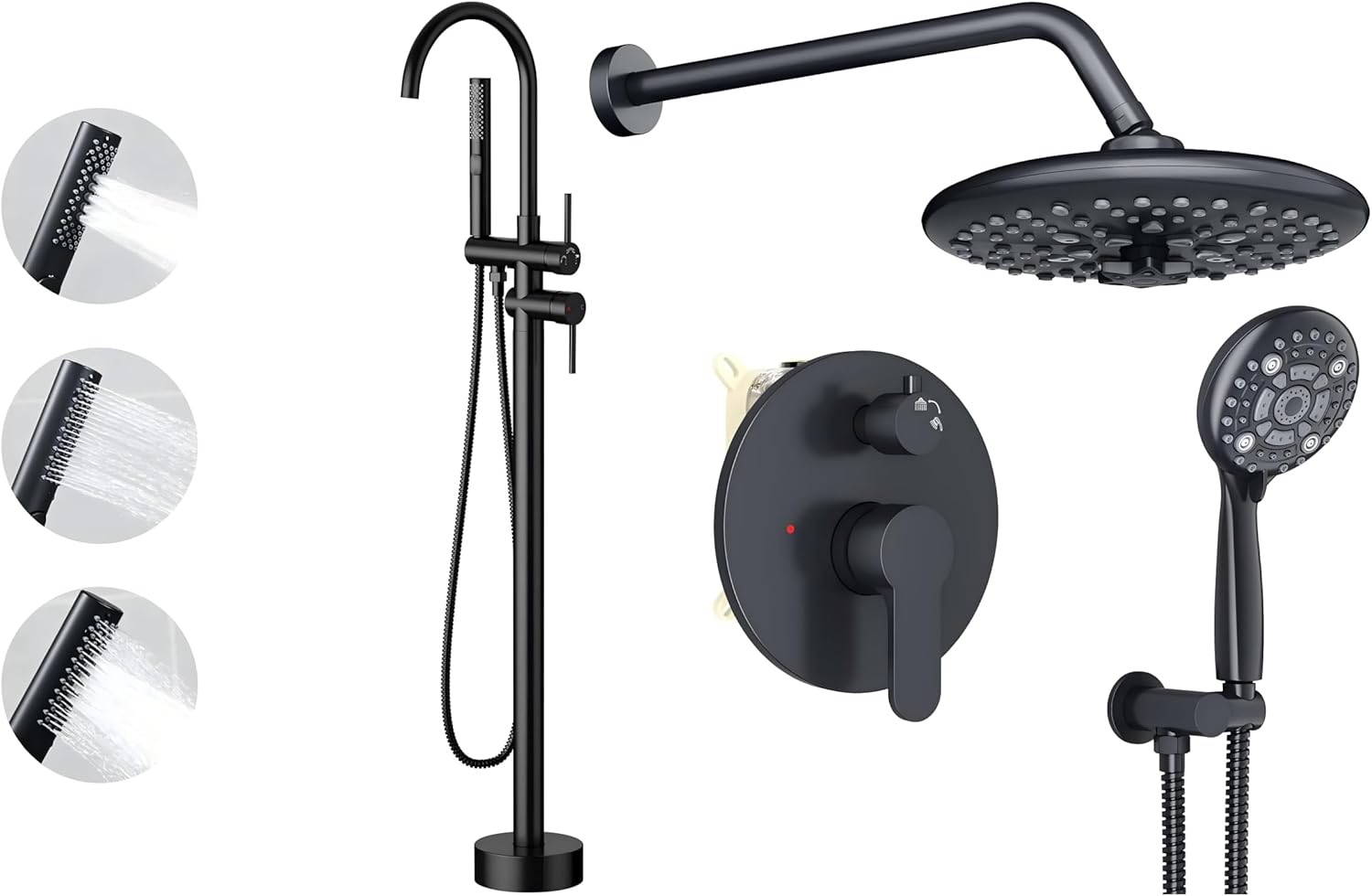 10'' Matte Black Round Shower Faucet Set Matte Black Freestanding Bathtub Faucet