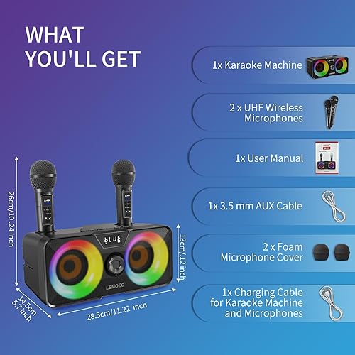 Vista 6 de Karaoke Machine for Adults and Kids with 2 UHF Wireless Microphones,Portable Bluetooth Speaker PA Speaker System with LED Party Lights for Home Negro