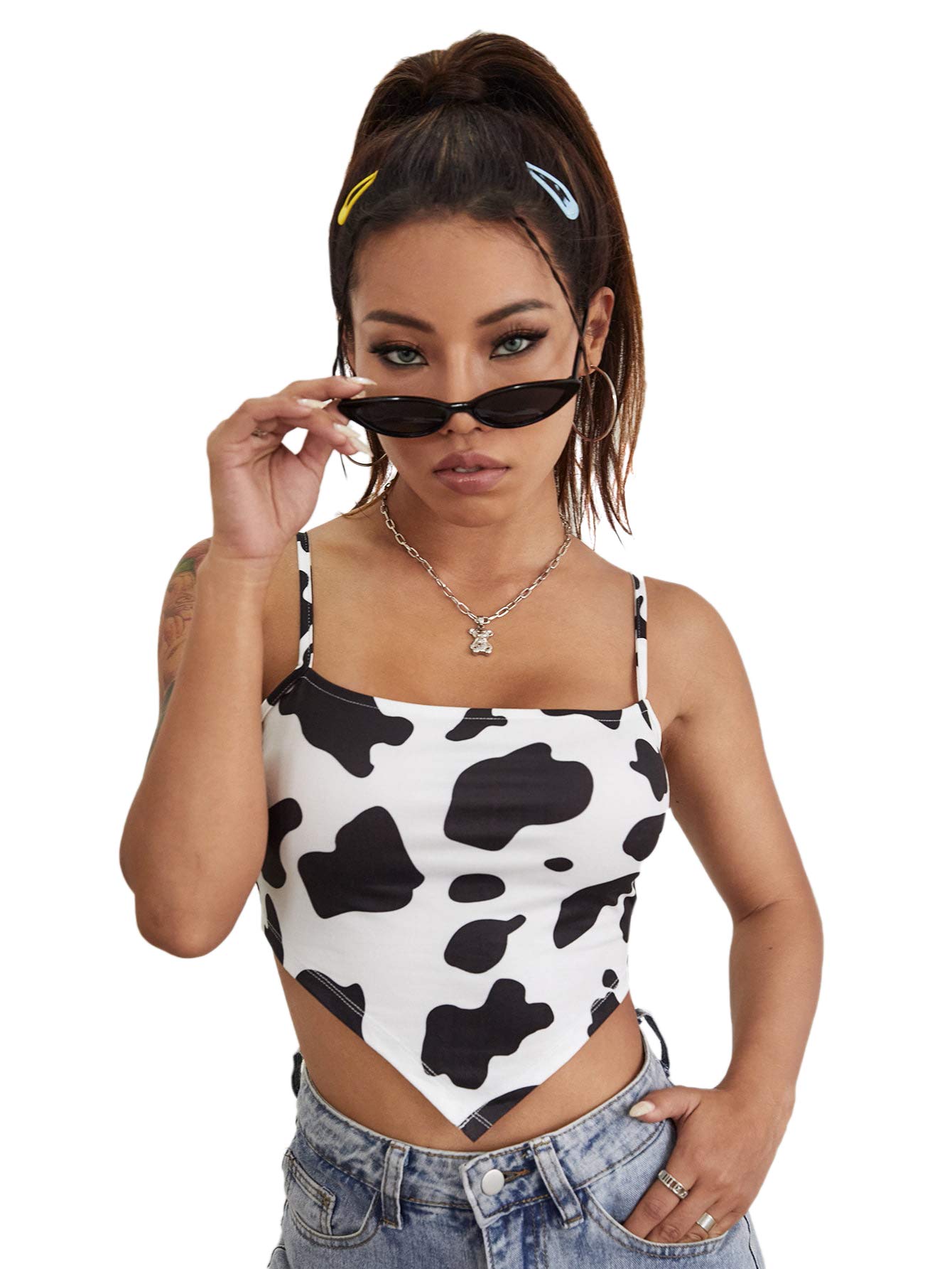 MakeMeChicWomen's Cow Print Hanky Hem Cami Sleeveless Bandana Crop Top