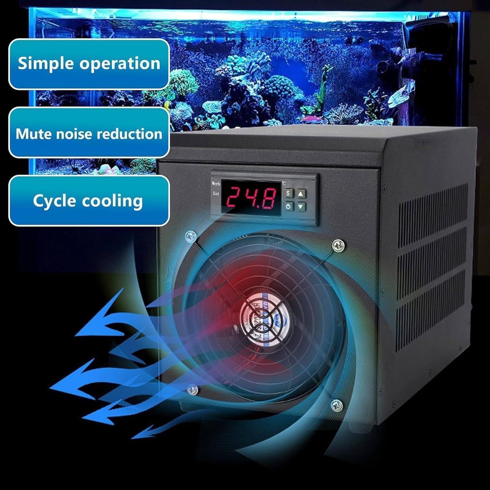 Enfriador para Acuario 60L/160L/300L, Máquina Silenciosa de Refrigeración por Agua con Compresor para Baño de Hielo & Pecera - Sistema de Control de Temperatura para Acuarios de Agua Dulce & Mari 60L