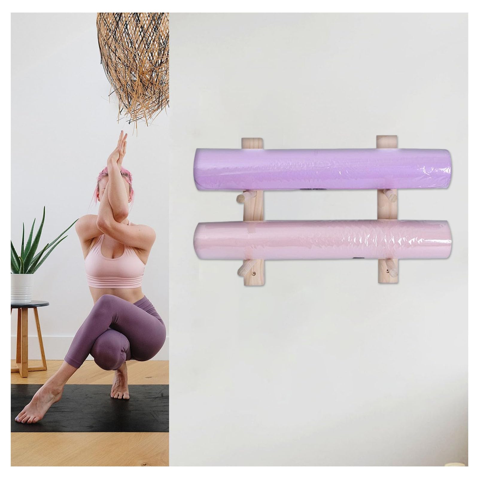 Uchwyt na matę do jogi, montowany na ścianie, 2-9 warstw, drewniany, mata do jogi, regał magazynowy, sprzęt fitness, wyposażenie treningowe, do biura, szkoły, studia, 2 warstwy