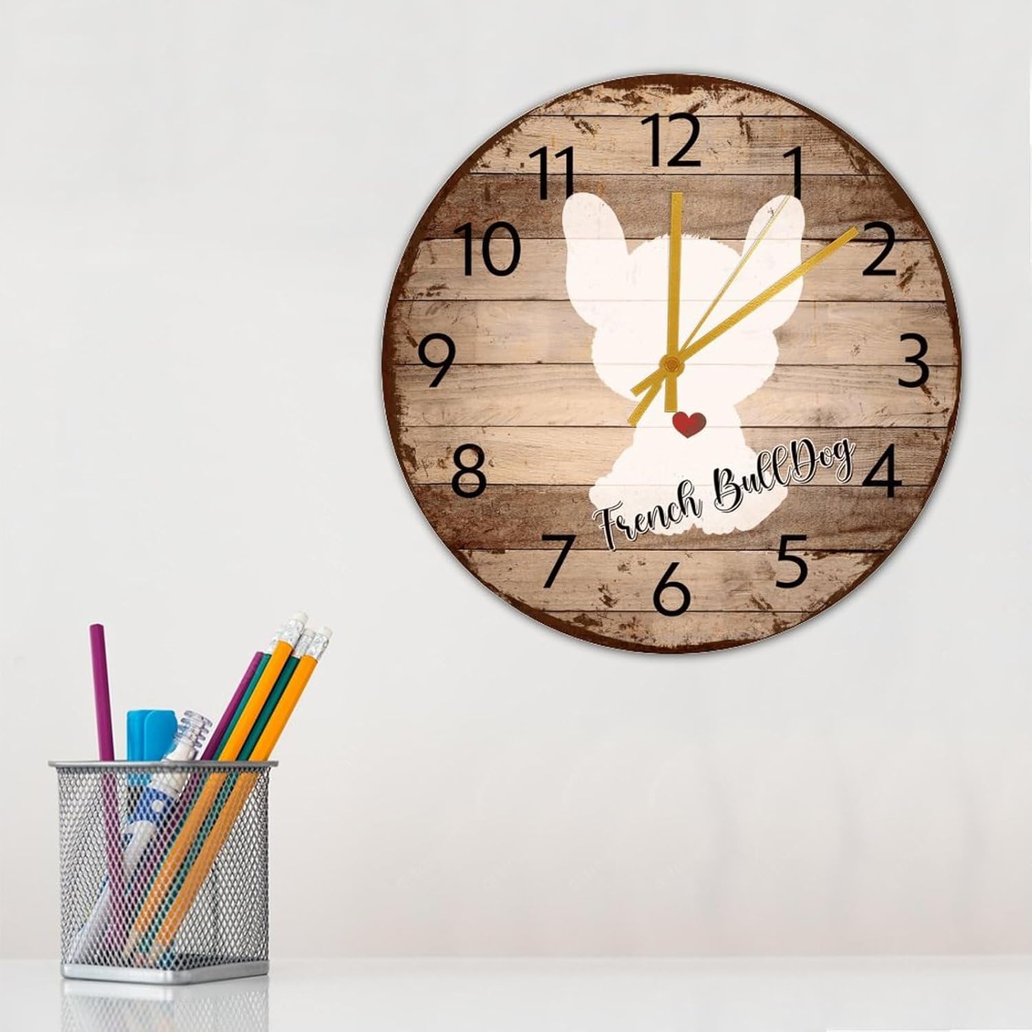 15 Inch Silent Non-Ticking Wall Clocks Battery Operated French Bulldog Home Decoration for Bedroom Pet Beagle Silhouette Frameless Round Wooden Wall Clock Rustic for Pool Nursery