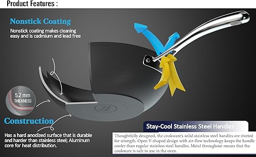 Vista 5 de Cooks Standard Sartén antiadherente para wok de 11 pulgadas, sartén profunda anodizada dura con tapa de vidrio, fondo plano, color negro