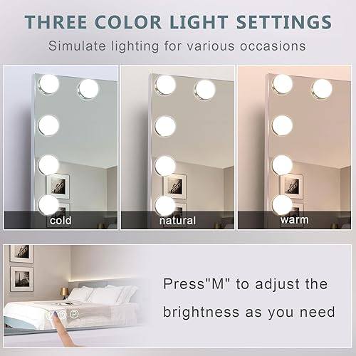 Miniatura 10 de Fenair Espejo de tocador grande con luces y altavoz, espejo de maquillaje iluminado Hollywood con base resistente, 18 bombillas LED regulables, 3