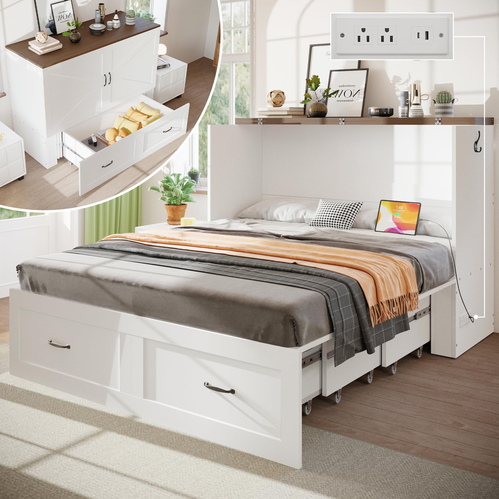 KCGKCG Murphy Bed with Storage & Charging Station, Queen Murphy Cabinet Bed with Large Storage Drawer for Guest Bedroom, Living Room, Office or Small