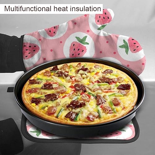 Miniatura 5 de Juego de 2 manoplas de horno y soportes para ollas de fresa rosa, resistentes al calor, bonitos guantes de horno con superficie antideslizante para