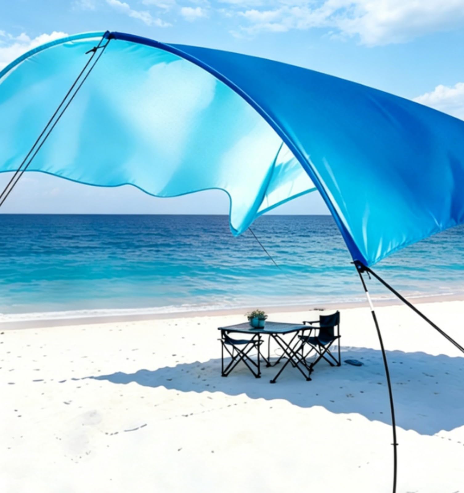 Tragbarer Strand Sonnenschutz, 210T Fallschirm-Nylon reißfest & wasserdicht, 300×300cm/500×300cm Familien-Zelt für 6–8 Personen, Schnellaufbau für Strand, Garten, Pool und Picknick