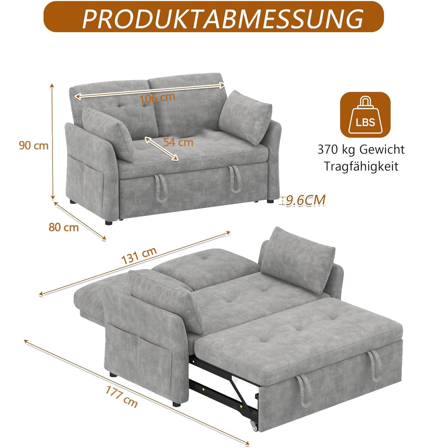 3-in-1 Schlafsofa mit 5-stufig Verstellbarer Rückenlehne, Schlafcouch mit 2X Kissen und 2X Seitentasche,Graues Leinen 2 sitzer Sofa für Gästezimmer & Kleine Räume