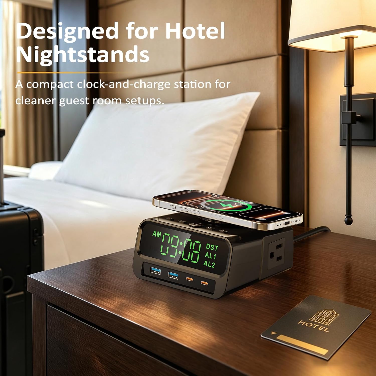 XBA Hotel Alarm Clock with 15W Magnetic Wireless Charger, 2 AC & 4 USB