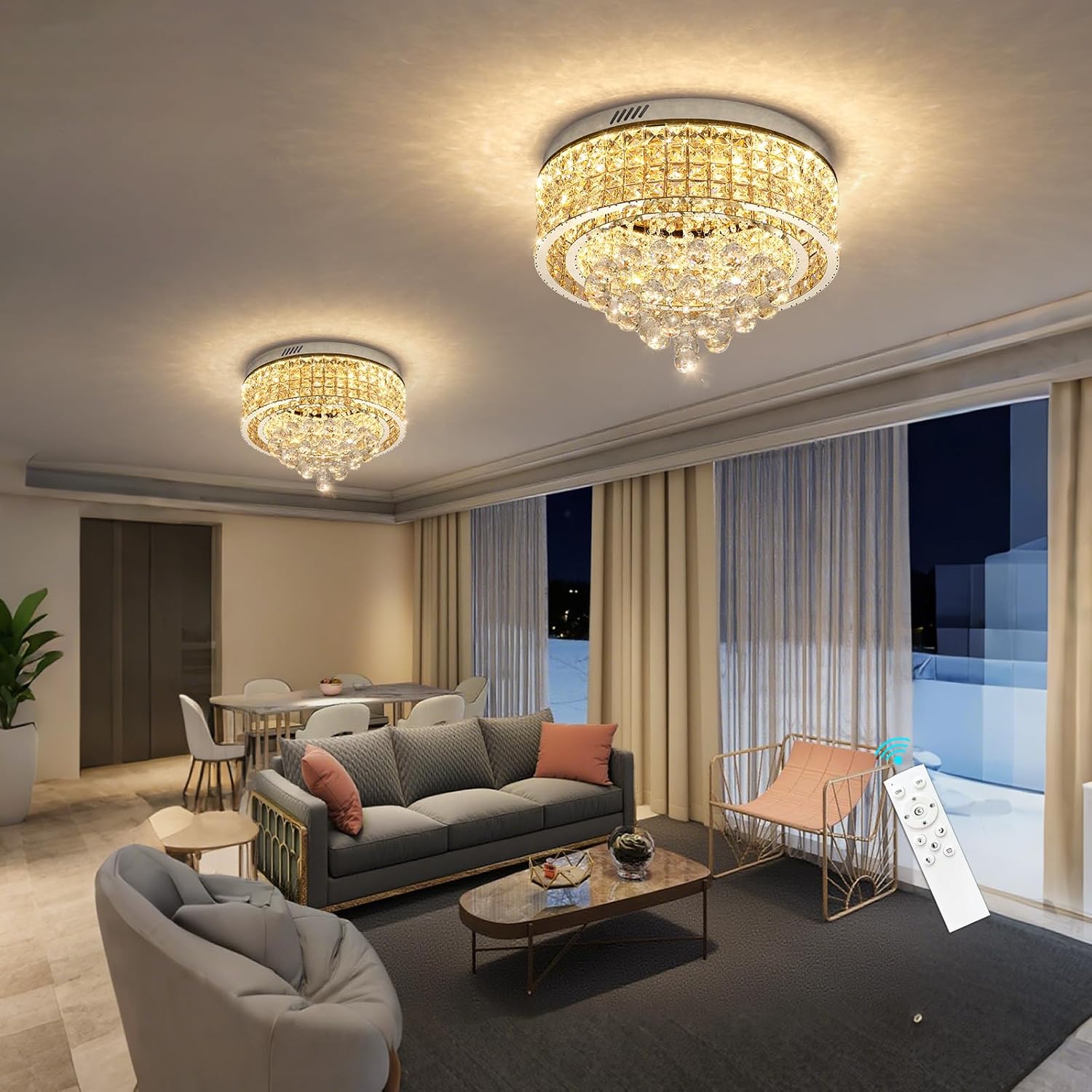 19.7'' Crystal Dimmable Chandeliers for Living Room Modern LED Chandeliers Glam Chandelier Flush Mount Ceiling Light Fixture Dining Room Bedrooms Silver