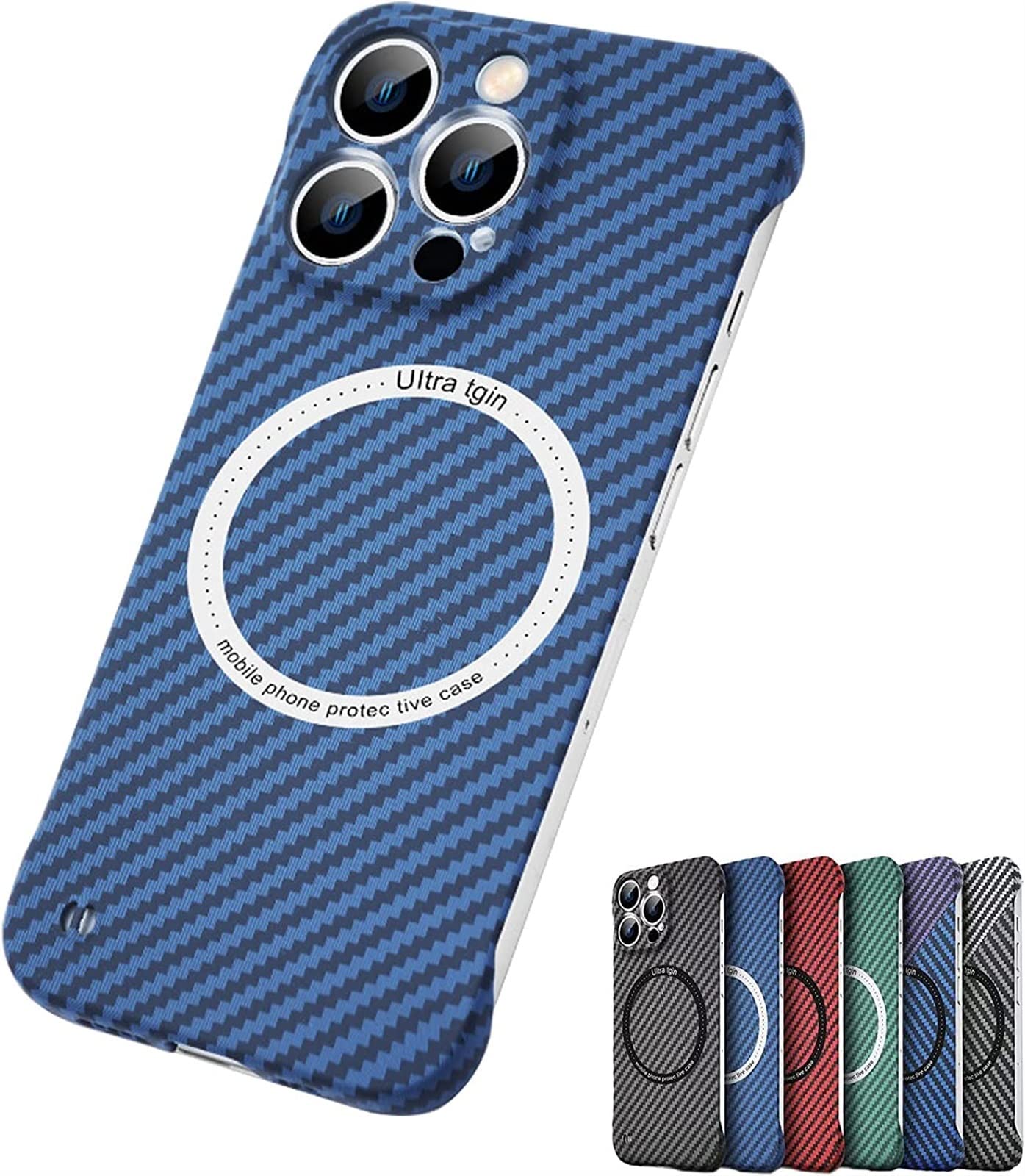 WBOOO Carbon Fiber Frameless Magnetic Wireless Charging Light and Thin Mobile Phone Case for IPhone, 3D Stereo Heightened Lens Protection Mobile Phone Case, Smooth Feel