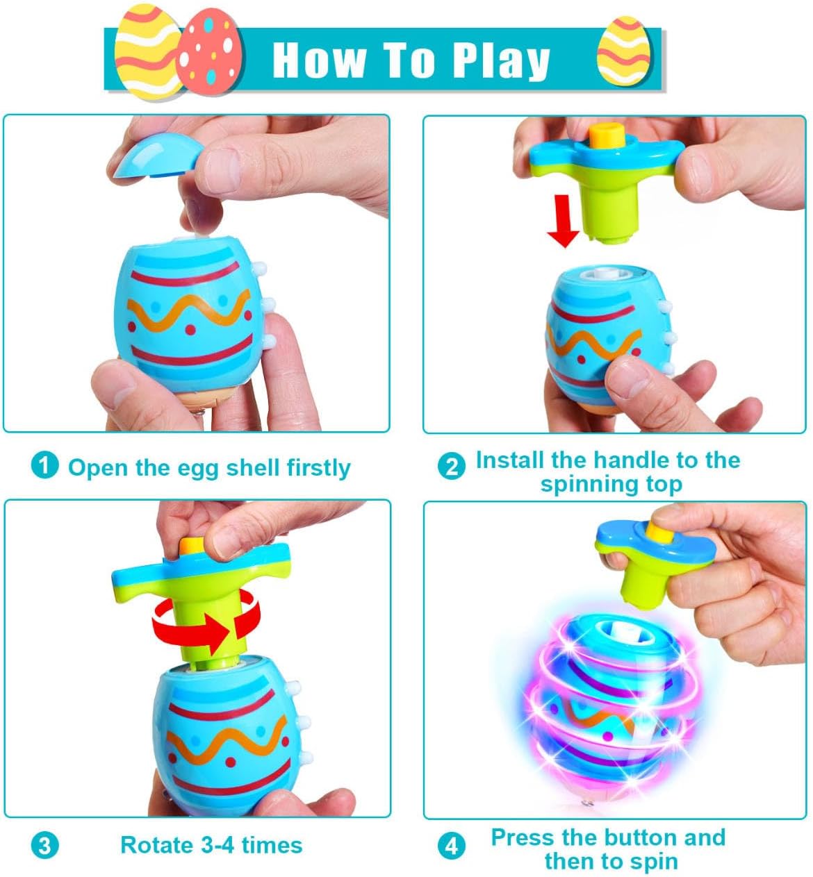 Easter Basket Stuffers for Kids-6 Packs Light Up Spinning Tops Toys with Music Easter Gifts Toys for Kids Toddlers Easter Eggs Fillers Easter Basket Essentials