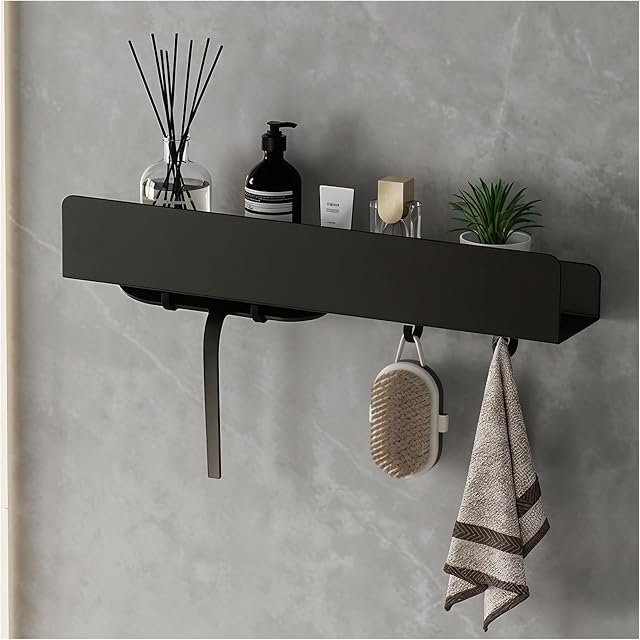 REKITA No Drill Shower Shelf Organizer 40cm Stainless Steel Bathroom Storage with 4 Removable Hooks Adhesive Wall Mounted