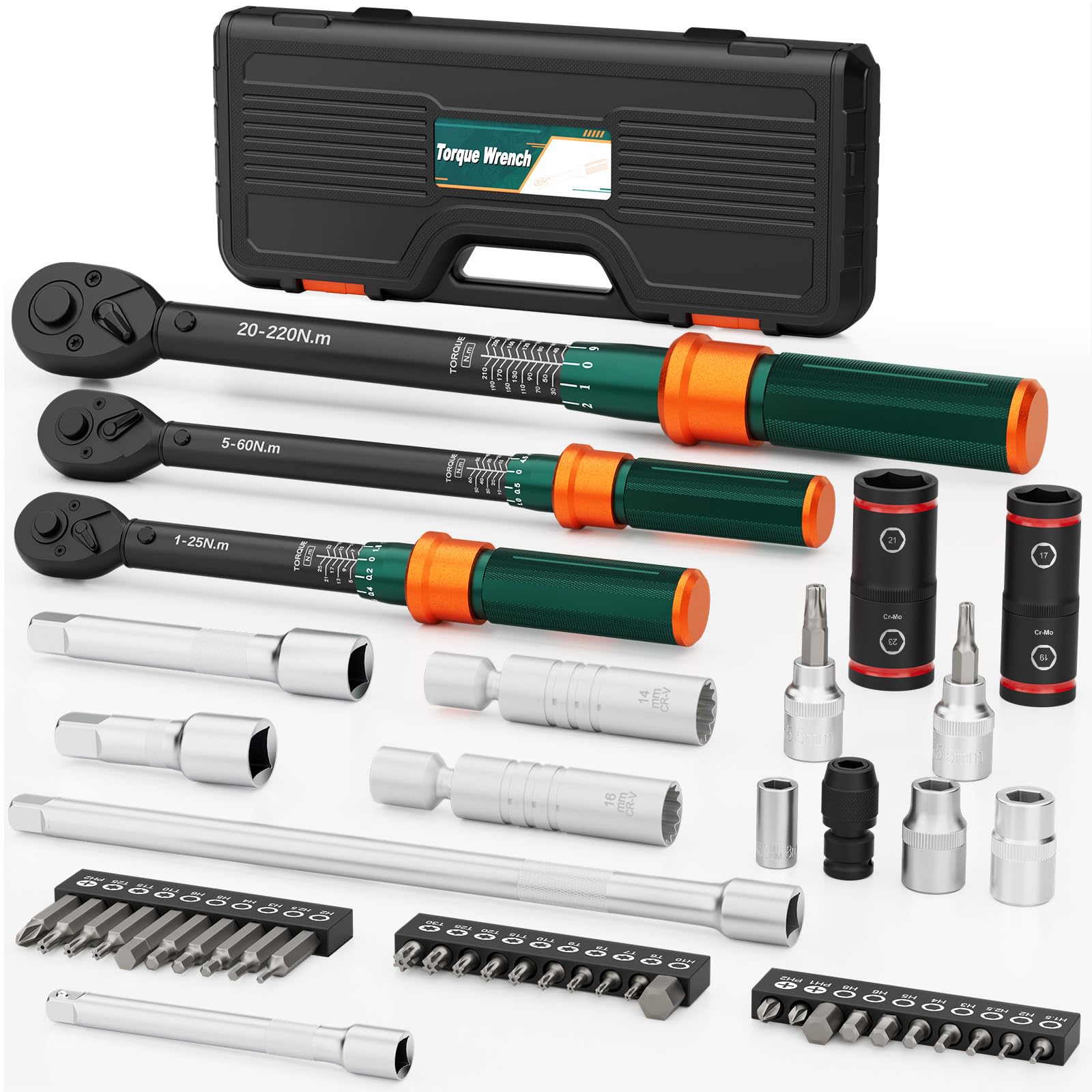 Torque Wrench 1/4 & 3/8 & 1/2, 47 Pieces Torque Wrench Set 1-25Nm/5-60Nm/20-220Nm with Reversible Head of 72 Teeth, Accuracy of ±3%, for Car, Bike, Motorcycle
