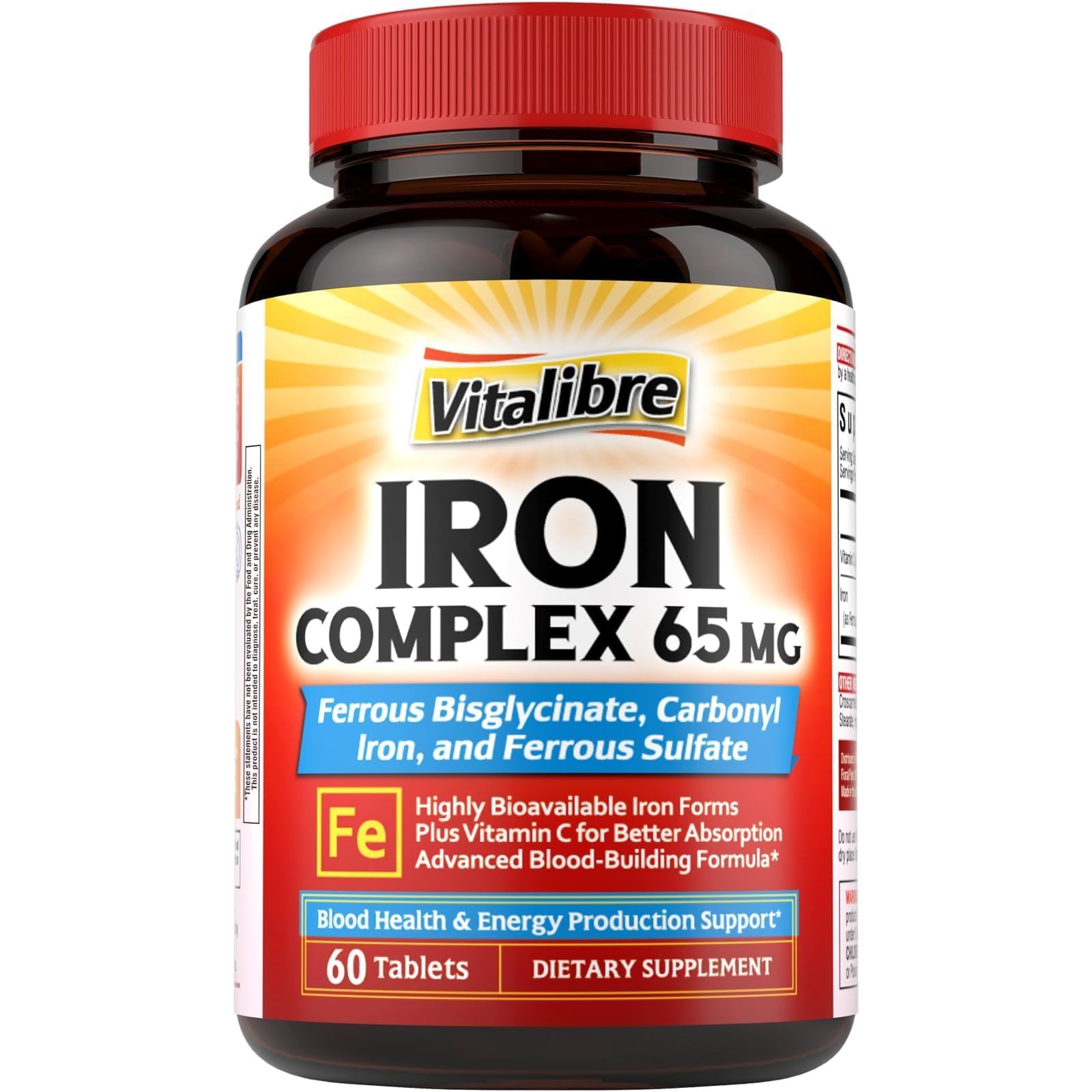 Iron Supplement, 65mg Complex Ferrous Bisglycinate, Sulfate, Carbonyl Iron