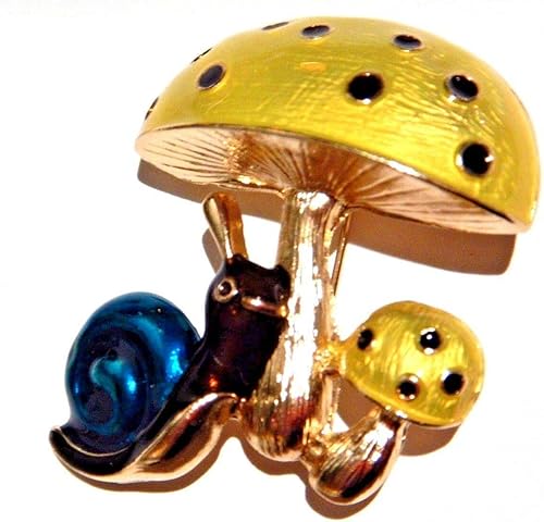 Adorable broche de caracol y hongos retro Kitschy esmalte dorado animal insecto Pin, Metal, esmalte, Esmalte