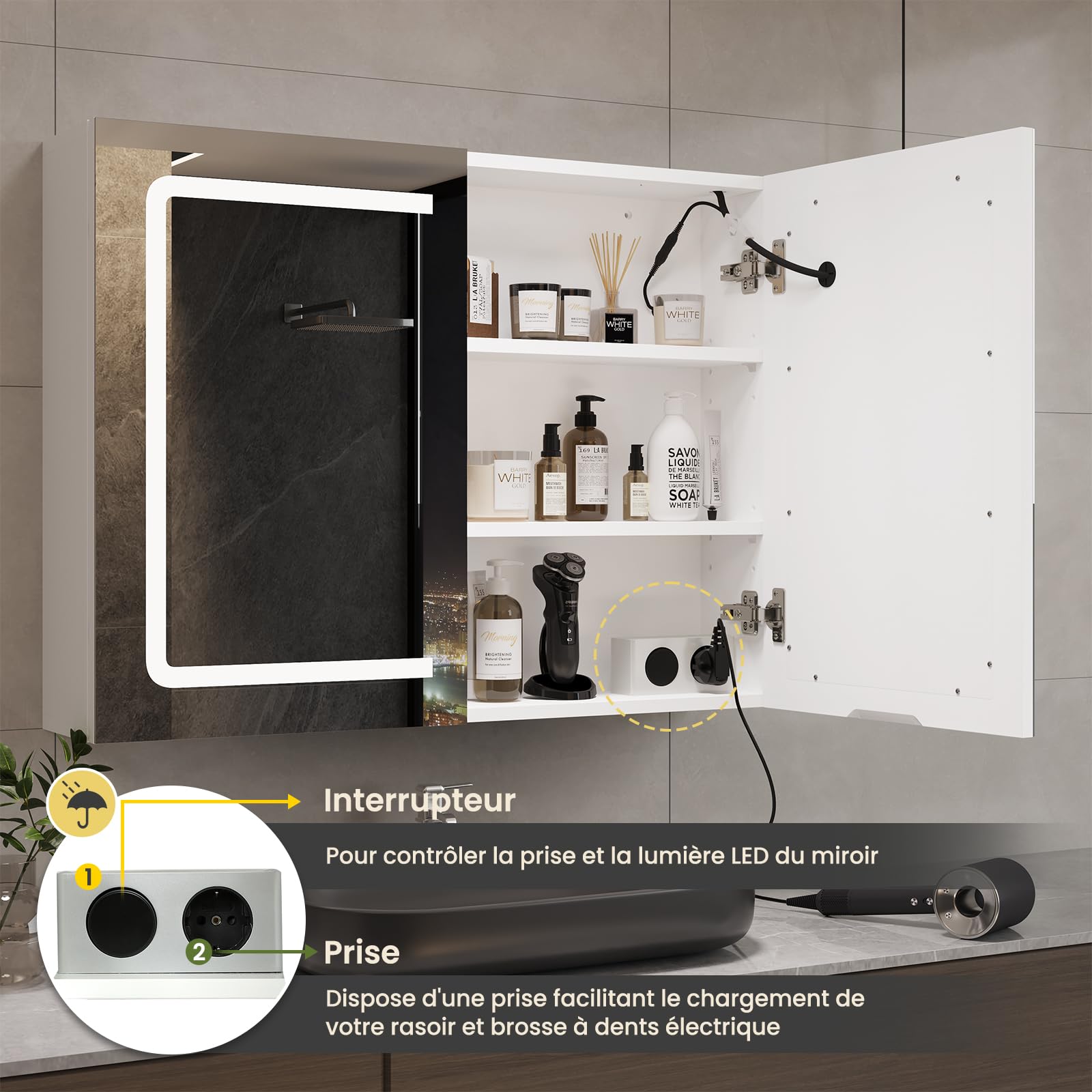 DICTAC Armoire de Salle de Bain avec Miroir et LED éclairage 70x16x60cm Armoire de Toilette Miroir avec Prise et Étagère Réglable,Meuble Pharmacie Salle de Bain,Température de Couleur Réglable,Blanc
