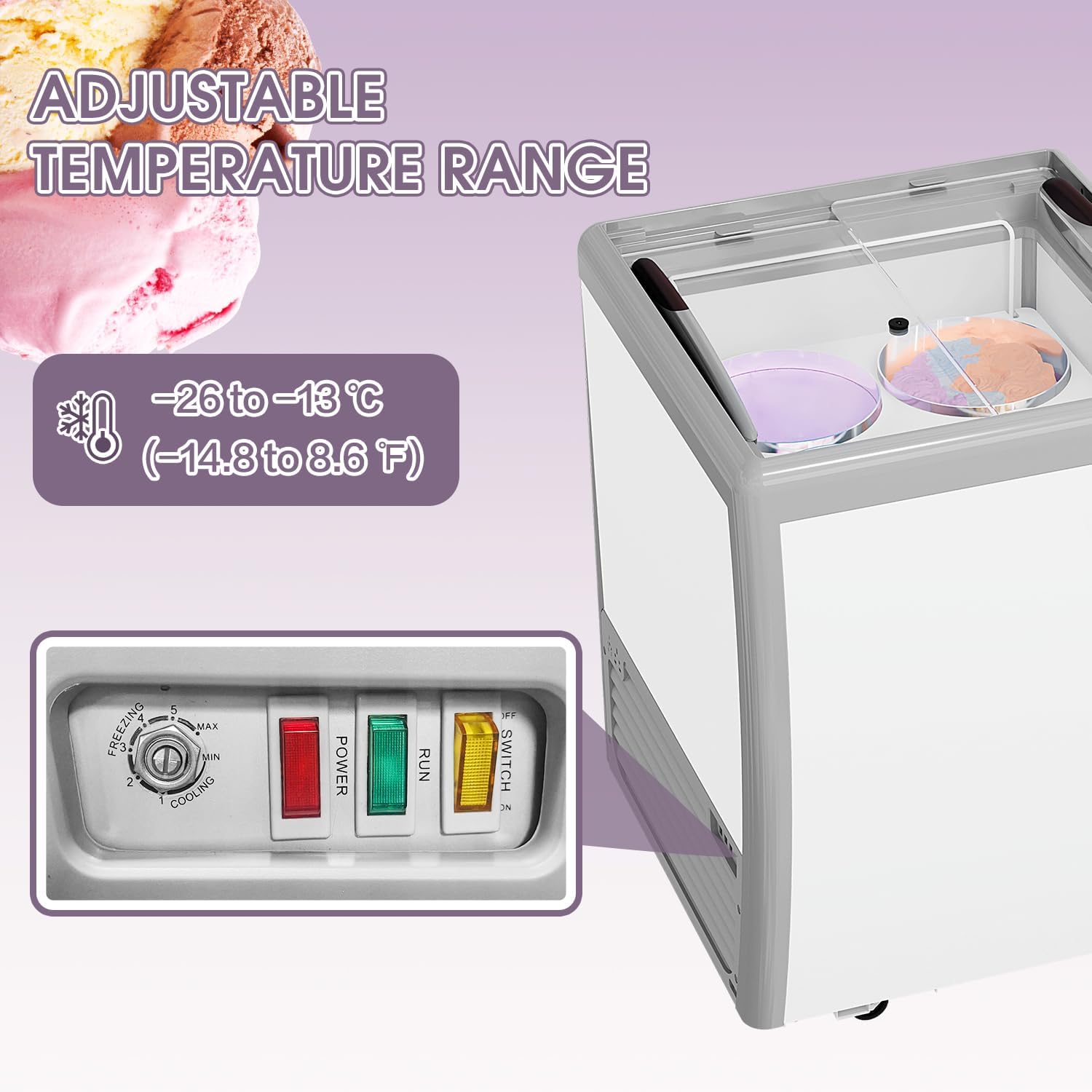 BEYOU Commercial Ice Cream Freezers with Display Glass Top,5.6 Cu.ft Chest Freezer with Ice Cream Tubs Hold,White