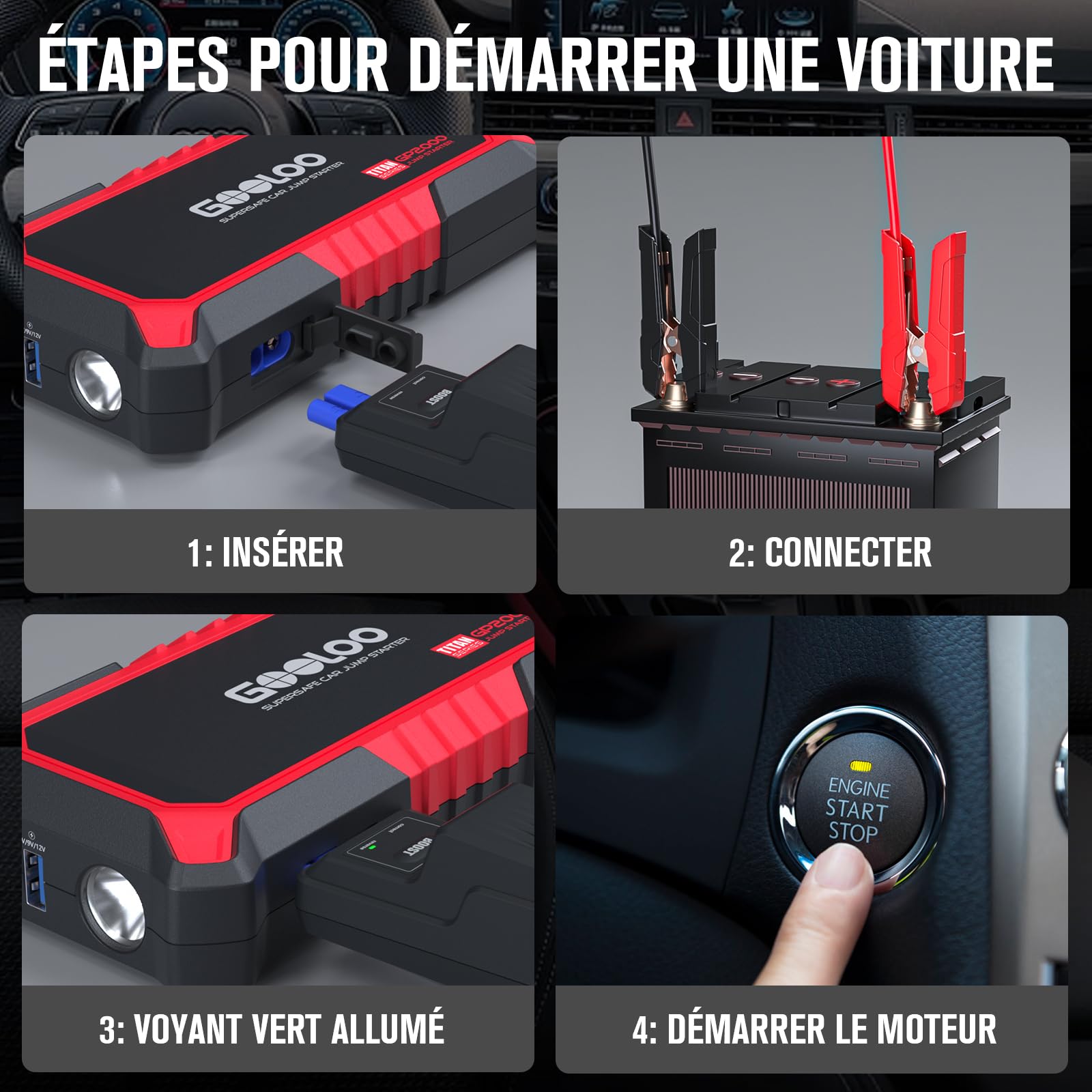 GOOLOO Booster Batterie Voiture 2000A GP2000 12V Démarreur Supersafe (Jusqu'à 8,0L Essence 6,0L Gazole) Jump Starter avec Pinces sécurité intelligentes+Lampe LED+Sorties ChargeRapide 3.0