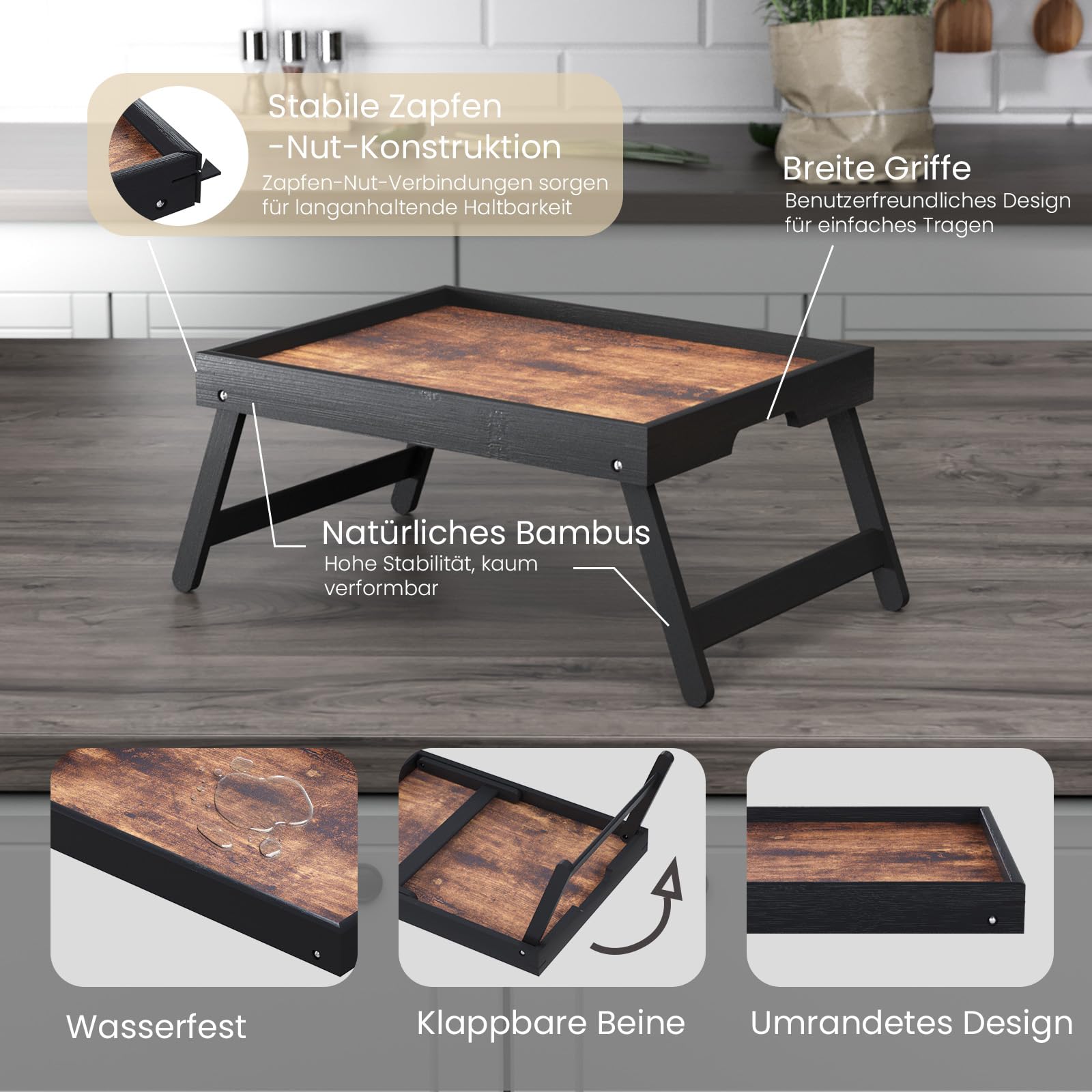 Fibogollo 2er-Pack Betttisch aus Holz mit klappbaren Beinen, Frühstückstabletts, Serviertablett für Speisen und Snacks, Laptop-Tabletts zum Arbeiten