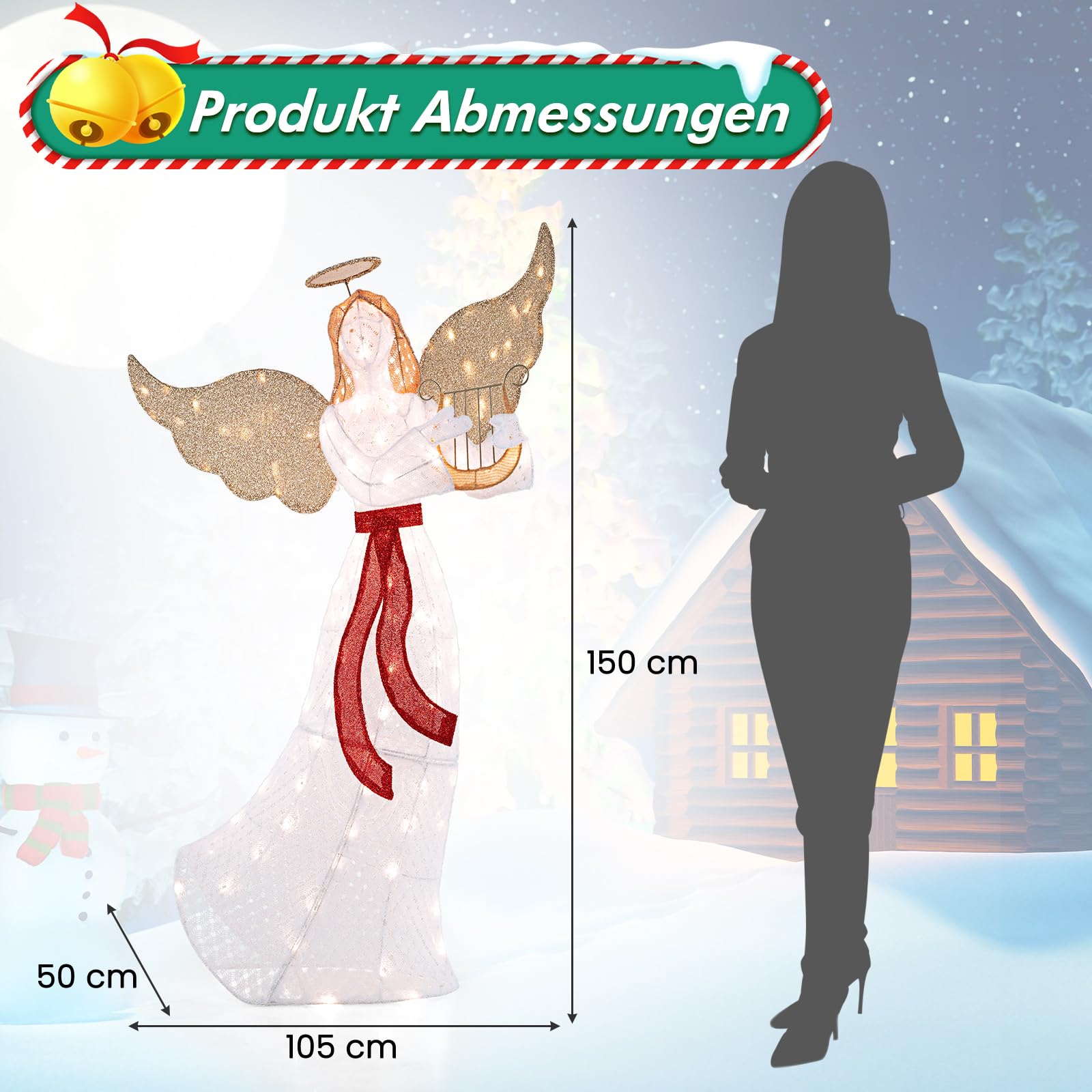 GOPLUS 150cm großer LED Engel mit Harfe, beleuchteter Weihnachtsengel warmweiß mit 120 LED-Lichtern, Weihnachtsbeleuchtung Figur Engel für Außen Innen Weihnachten Dekoration
