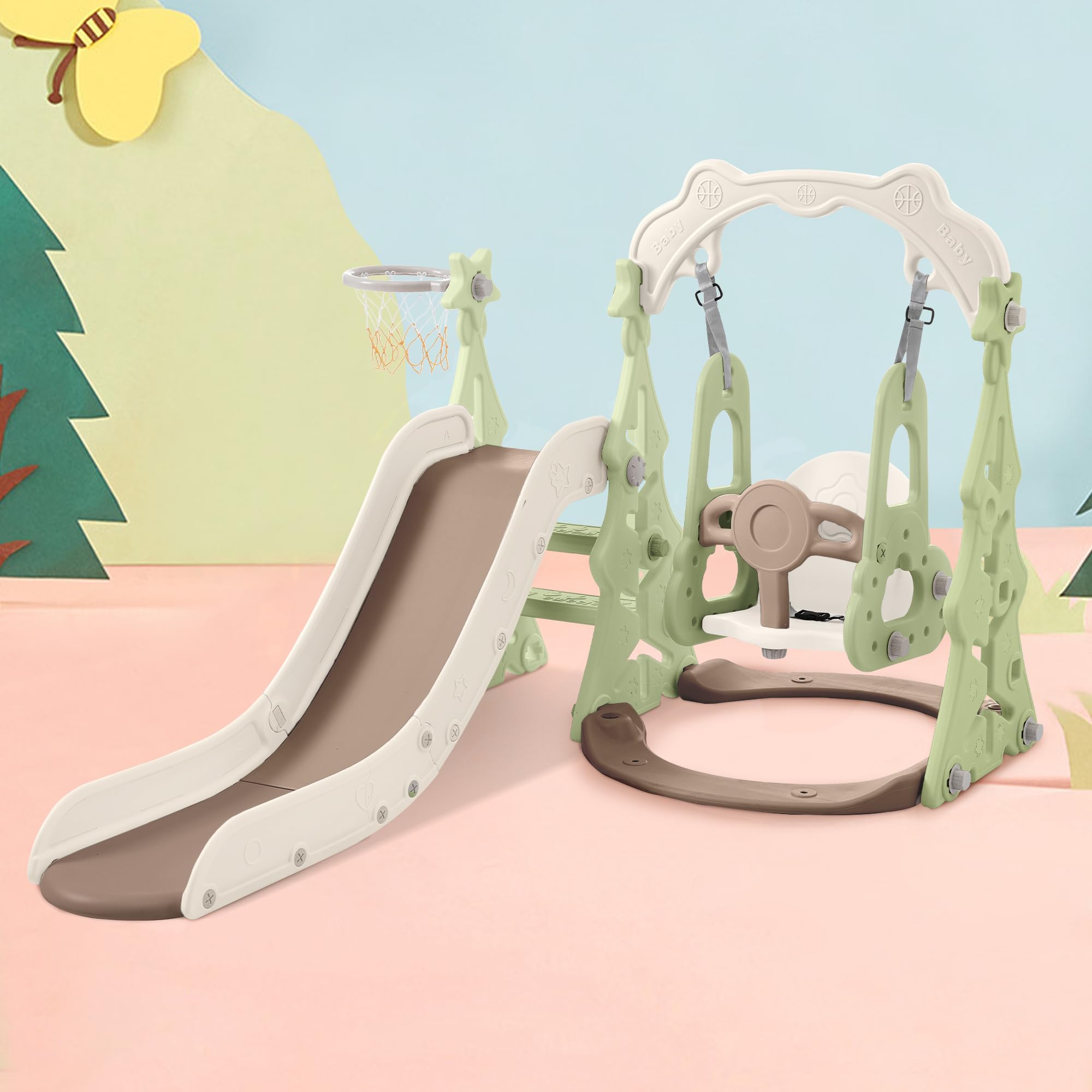 Merax 4-in-1 Toddler Slide, Indoor Slide and Swing Set for Kids, Outdoor Freestanding Slide with Basketball Hoop