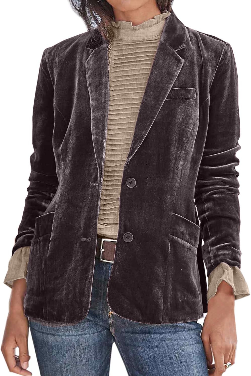 futurino Women's Velvet Solid Color Fashion Casual Blazer Jacket