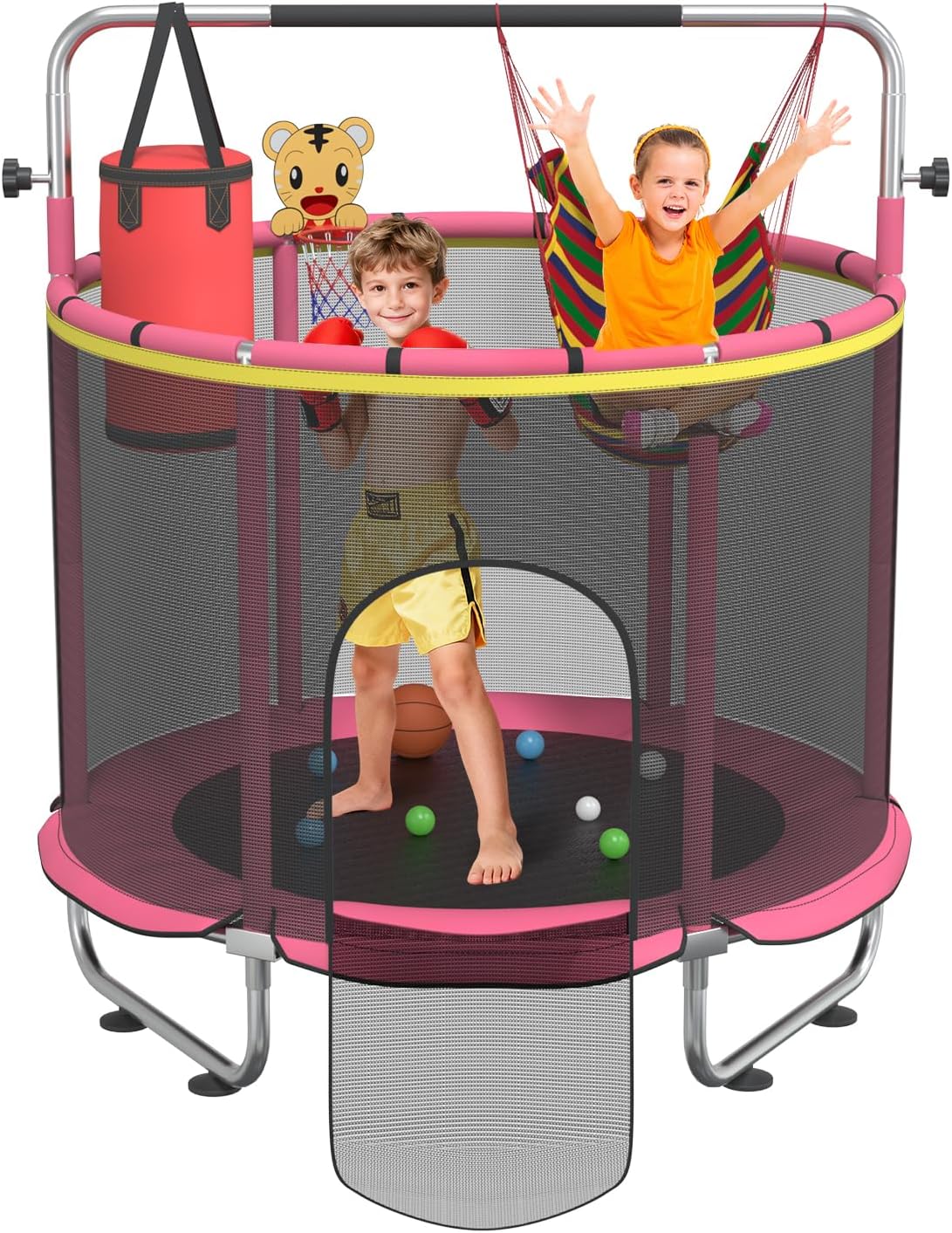 60" Toddler Trampoline for Kids, 330lbs Trampoline Indoor with Basketball Hoop,Safety Net, Birthday Gifts for Boy Girl Age 1-8