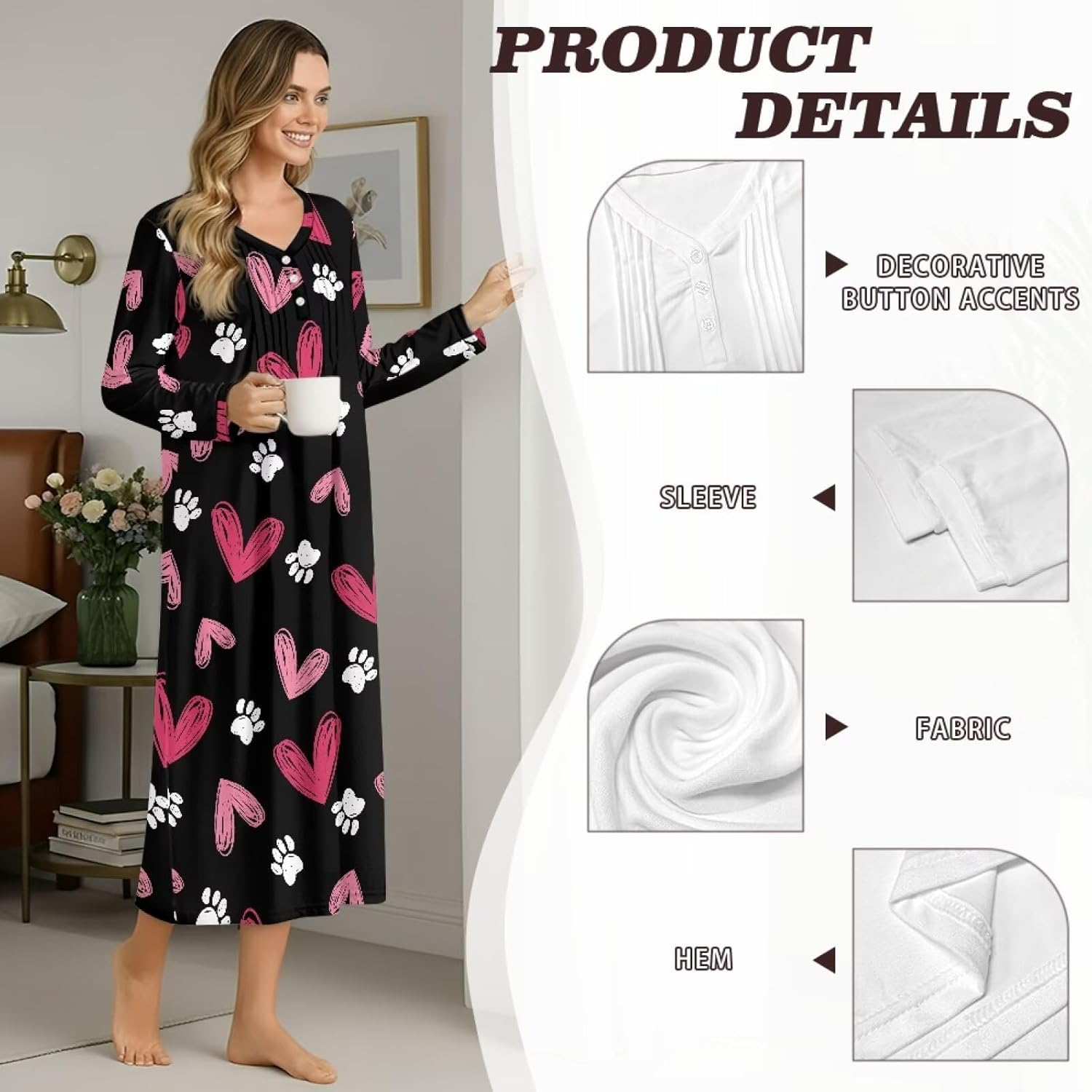 Long Sleeve Nightgowns for Women V Neck Sleepshirts Loungewear Button Night Gowns Sleepwear Full Length Sleep Dress
